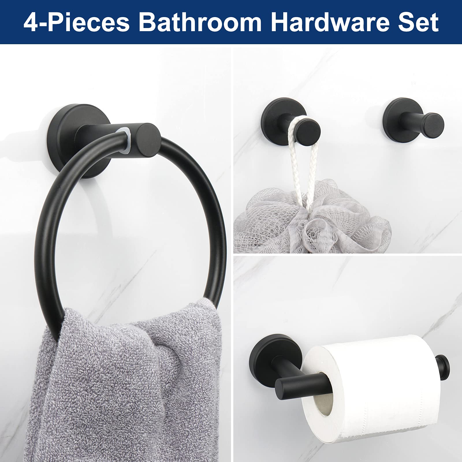 NearMoon 4-Piece Matte Black Stainless Steel Bathroom Hardware Set - Includes Towel Ring, Toilet Paper Holder & 2 Robe Hooks - Wall Mounted Bath Accessories for Modern Home Decor (Perfect for Bathroom, Powder Room & Spa Style Vanity)