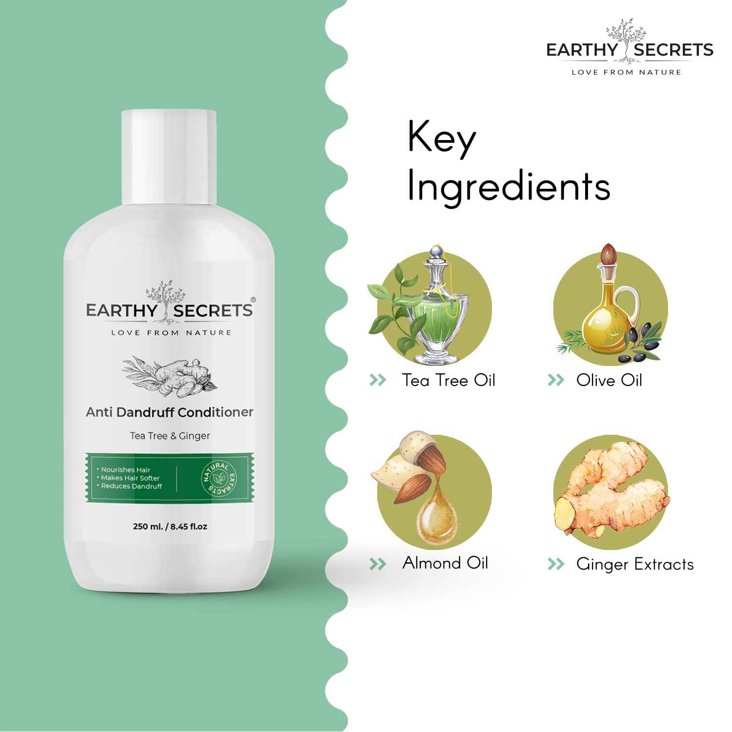 Earthy Secrets Anti Dandruff Hair Conditioner with Tea Tree & Ginger Oil for Men & Women - Soothes Itchy Scalp, Eliminates Dandruff, Nourishes & Restores Scalp Health - Leaves Hair Soft, Smooth & Shiny - Perfect for Daily Hair Care & Scalp Treatment at Home