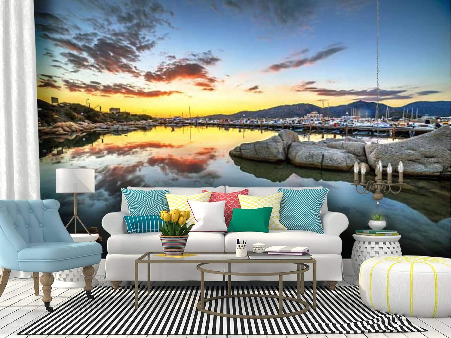 Sunset Over Lake Colorful Moon Peel and Stick Wallpaper - Self-Adhesive Removable Vinyl Wall Mural for Home Decor - Perfect for Living Room, Bedroom, Nursery & Office Walls