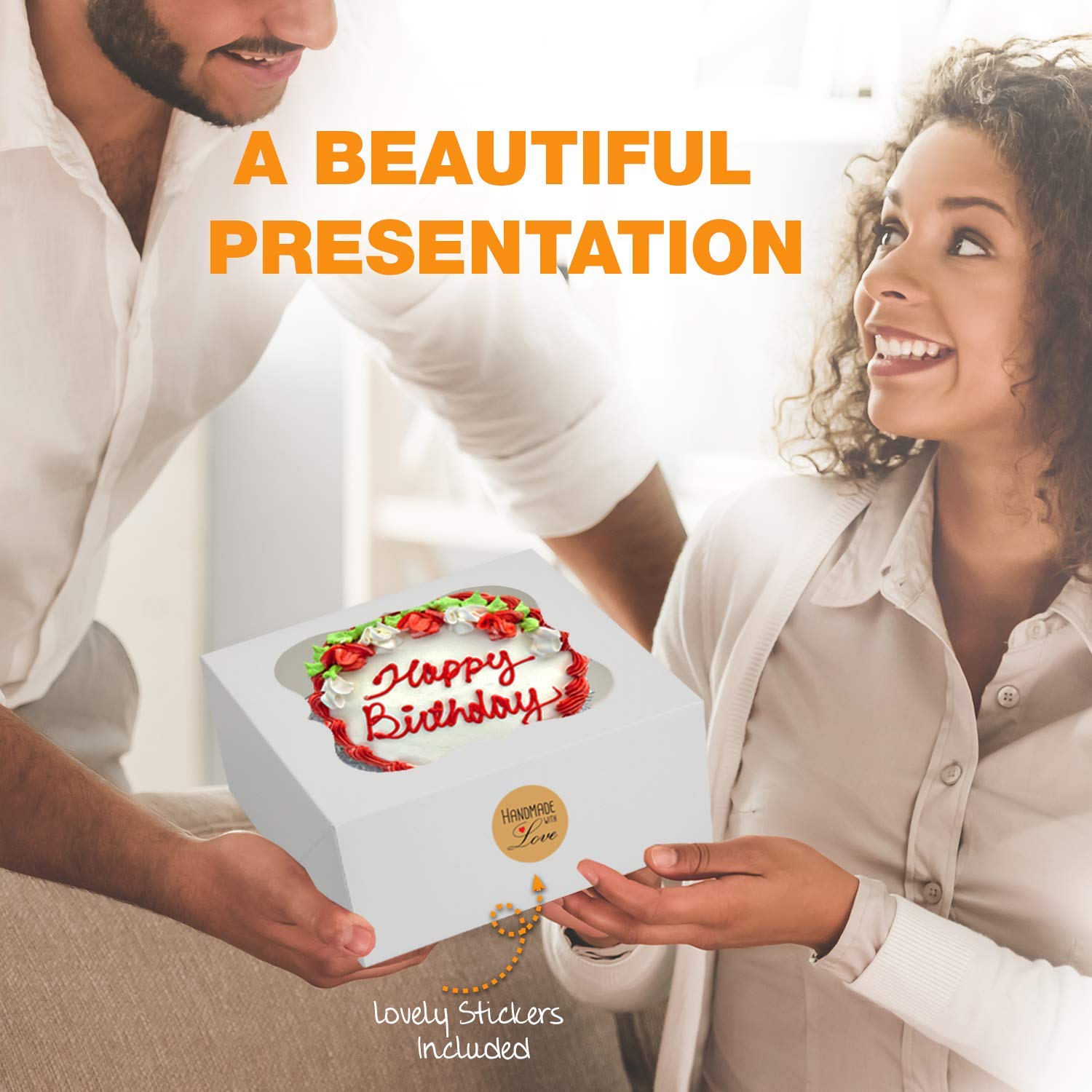 SELMY 10 Inch Cake Boxes with Window [12-Pack] - 10x10x5 White Bakery Boxes with Boards & Stickers for Birthday, Wedding, and Party Desserts