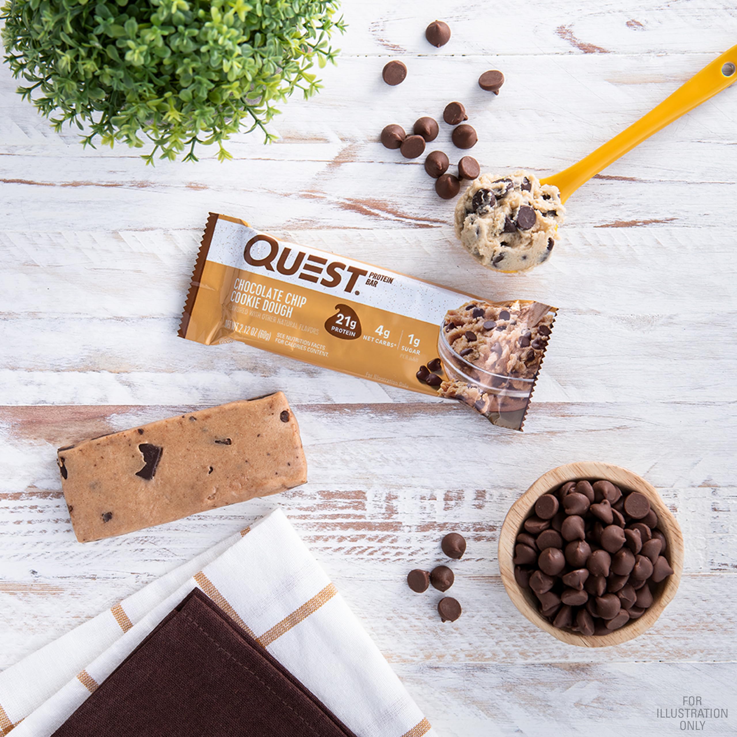Quest Nutrition Chocolate Chip Cookie Dough Protein Bars - 12 Pack | 21g Protein, 1g Sugar, 4g Net Carbs | Gluten Free, Keto Friendly Snacks | Perfect for Workouts, Travel & On-the-Go Nutrition