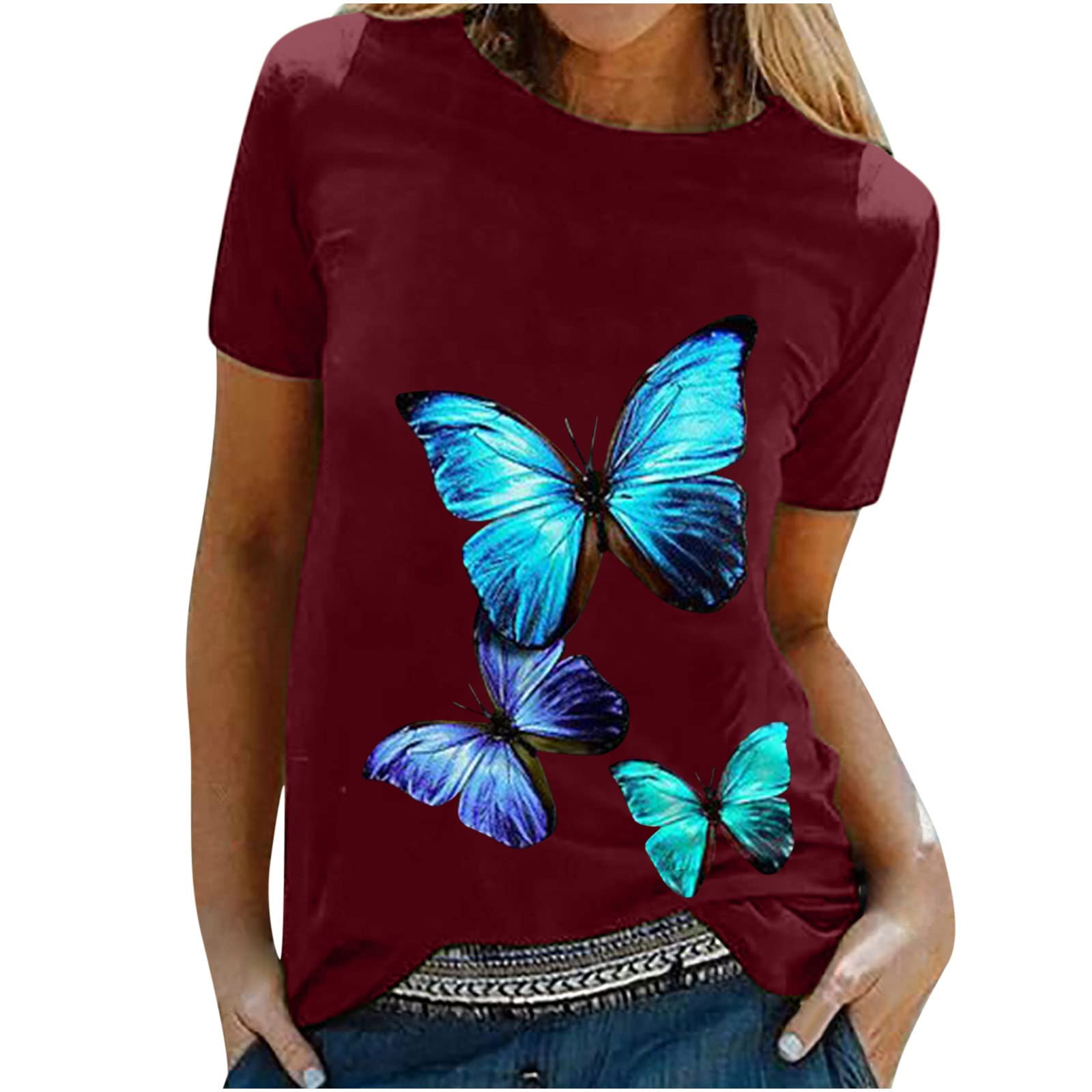 Butterfly Print Women's Plus Size Crew Neck Tee Shirt - Summer Casual Tank Tops for Women | Perfect for Beach Outings, Picnics & Everyday Wear