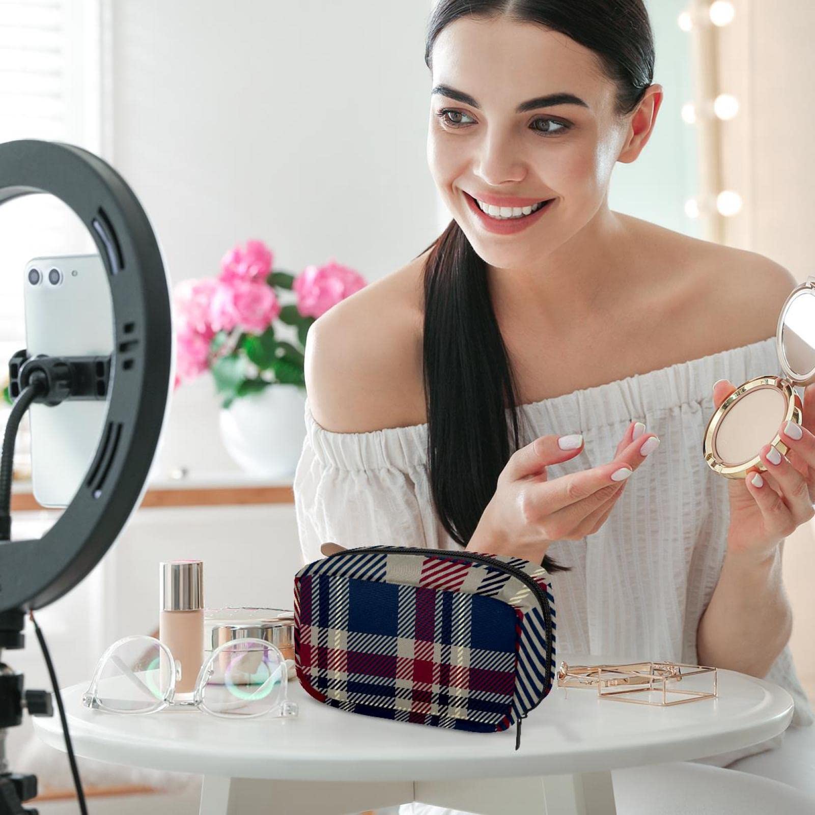Waterproof Cosmetic Zipper Pouch - Navy Tartan Plaid Makeup Bag for Women | Travel Toiletry Organizer | Perfect for Gym, Vacation & Daily Essentials Storage