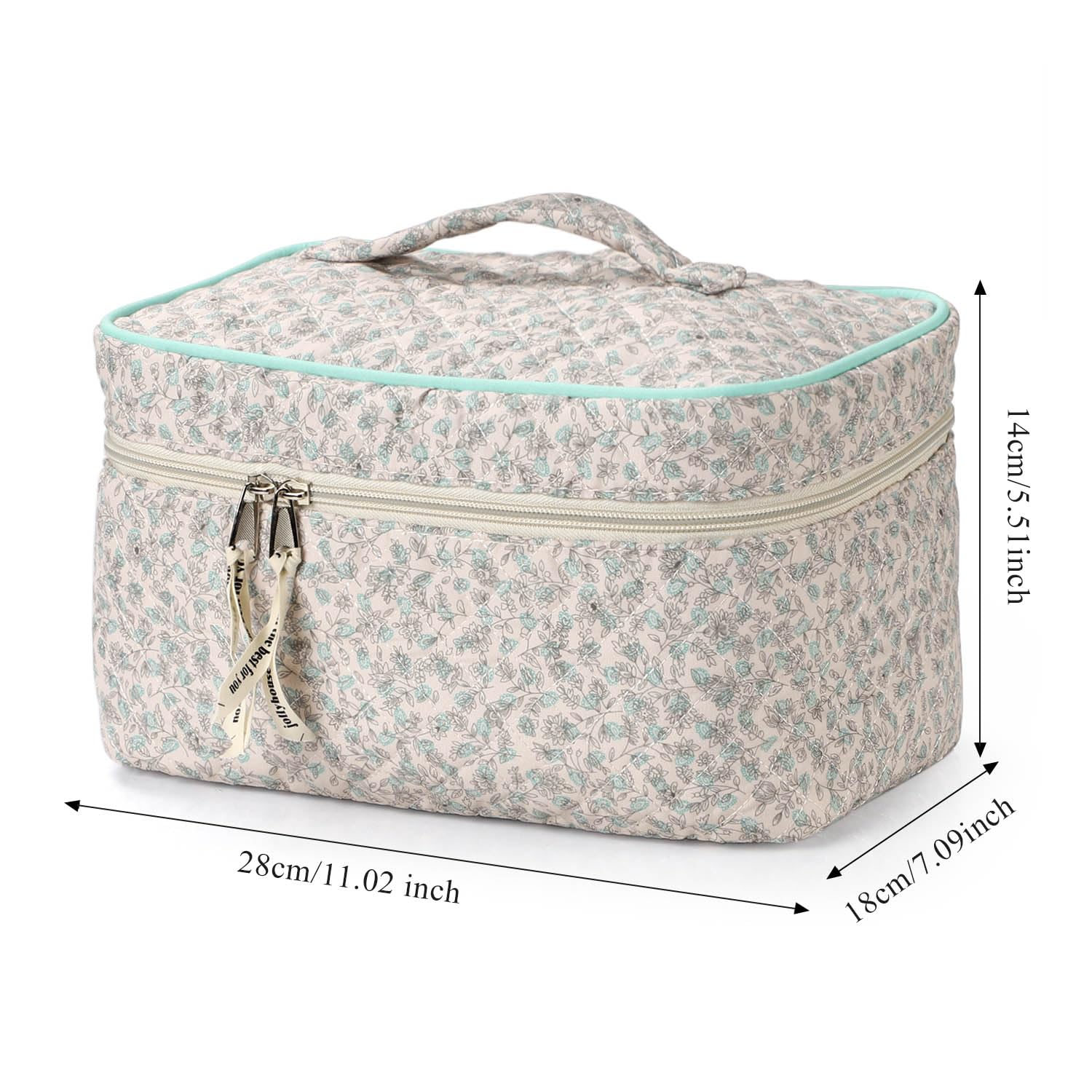 Sightor Large Cotton Quilted Makeup Bag with Handle - Cute Floral Cosmetic & Toiletry Travel Bag for Women (Green) - Perfect for Travel, Gym, and Daily Organizer