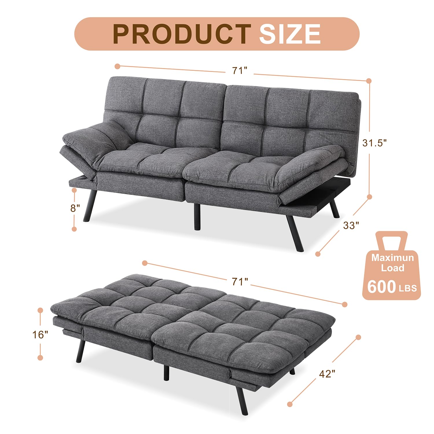 MUUEGM Convertible Futon Sofa Bed with Memory Foam - Modern Sleeper Loveseat for Small Spaces, Apartments & Living Rooms - Easy Assembly, Grey | Perfect for Guest Rooms, Studio Apartments & Cozy Lounging