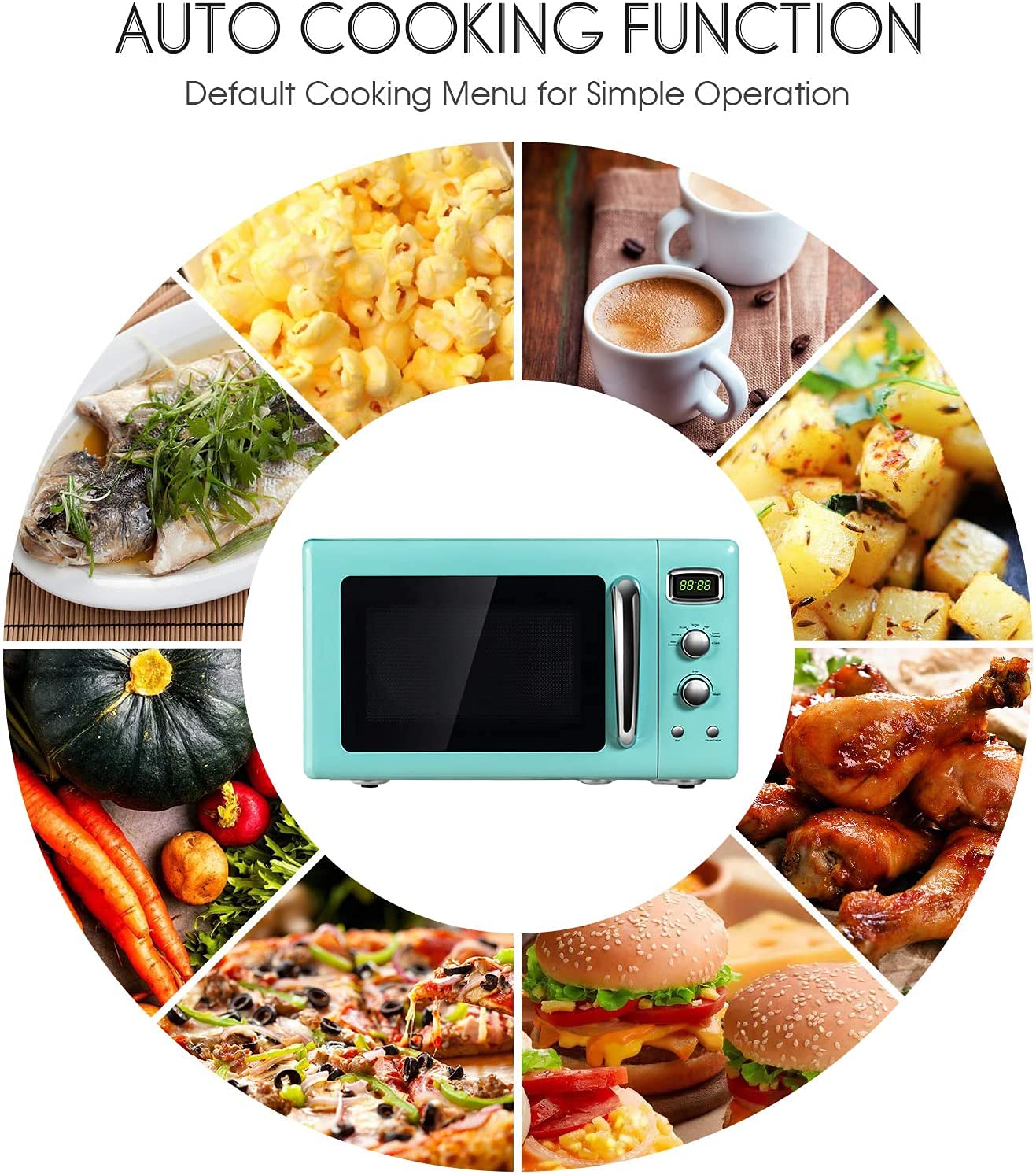 Retro Mint Green Countertop Microwave Oven - 0.9 Cu.ft, 900W with Child Safety Lock, Defrost & Auto Cook Functions, LED Display & Glass Turntable - Perfect for Small Kitchens, Dorms & Office Break Rooms