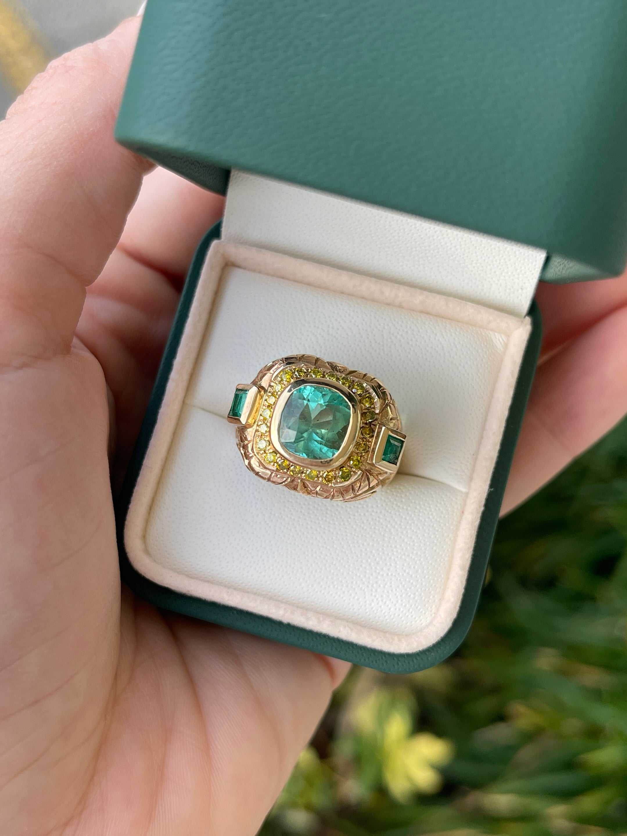 4.18tcw 14K Gold Colombian Emerald Cushion Cut & Princess Cut Yellow Diamond Accent Men's Ring for Wedding, Engagement & Special Occasions