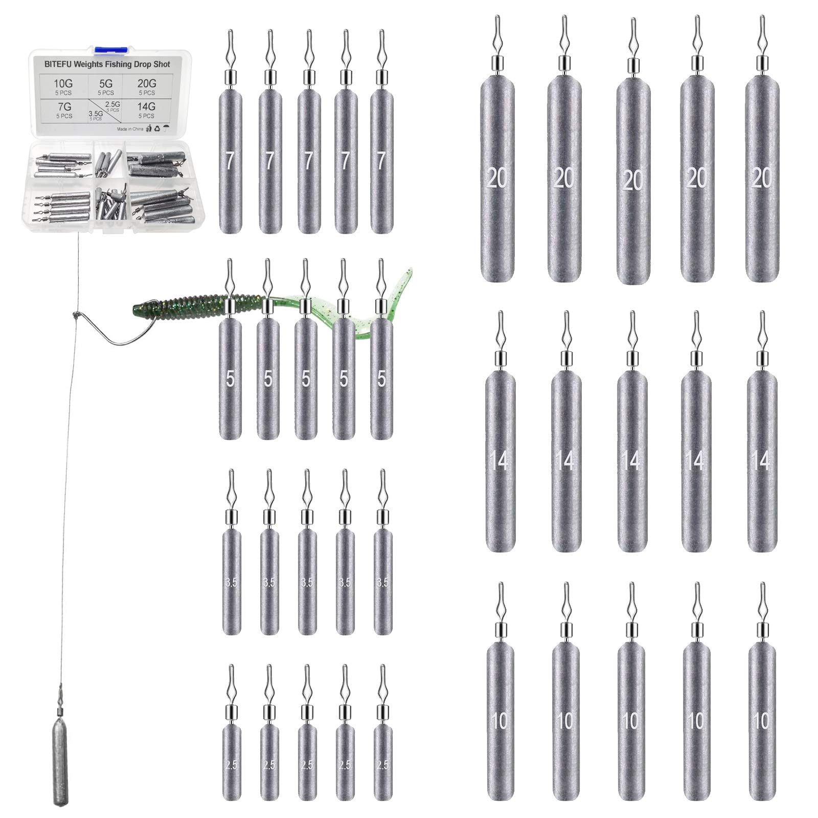 BITEFU 35pcs Fishing Weights Sinkers, Grey Carp Fishing Leads with Storage Box - 7 Sizes (2.5g 3.5g 5g 7g 10g 14g 20g) - Professional Fishing Gear for Freshwater & Saltwater Anglers