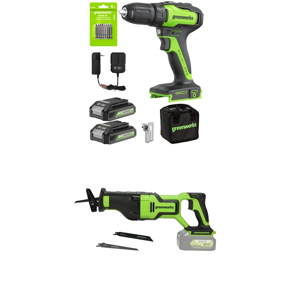 Greenworks 24V Brushless Cordless Power Tools Combo Kit - 2-Tool Set (Variable Speed Drill/Driver & Reciprocating Saw) with 2× 2Ah Batteries & Fast Charger | Perfect for DIY Projects, Home Renovations, and Professional Construction Work