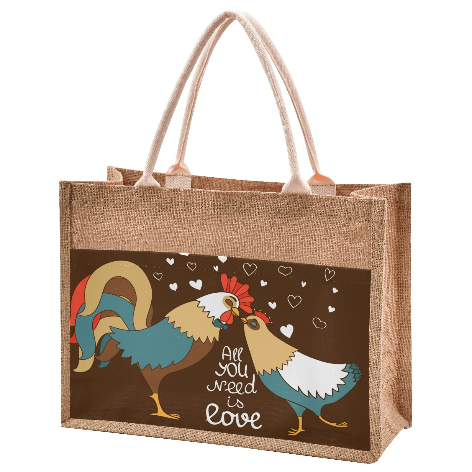 Linqin Rooster and Chicken Jute Tote Bag - Waterproof Reusable Grocery Shopping Bag with Sturdy Handles for Farmers Market, Beach, Travel & Daily Use | Eco-Friendly Cotton Canvas Carryall for Women & Men