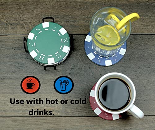 PANCHH Casino Theme Poker Coasters Set with Holder - Cool Man Cave & Home Bar Decor - Unique Housewarming & Birthday Gifts for Men, Best Friends - Perfect for Game Nights & Poker Parties