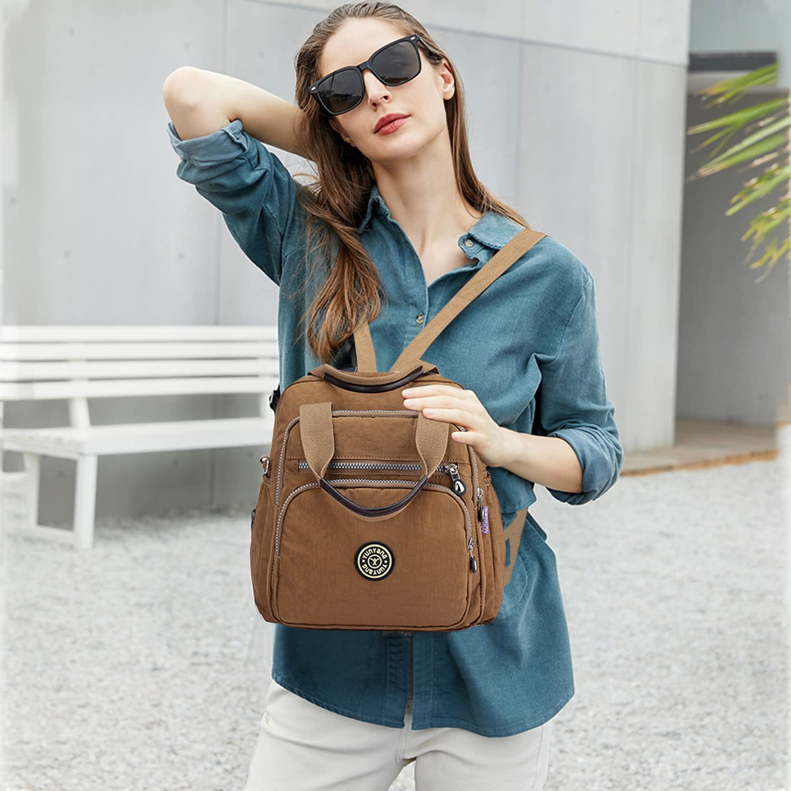 PORRASSO Women's Casual Backpack & Crossbody Shoulder Bag - Lightweight Nylon Daypack for Work, Travel & Daily Use (Khaki) | Perfect for Office Commute, College Campus & Weekend Adventures