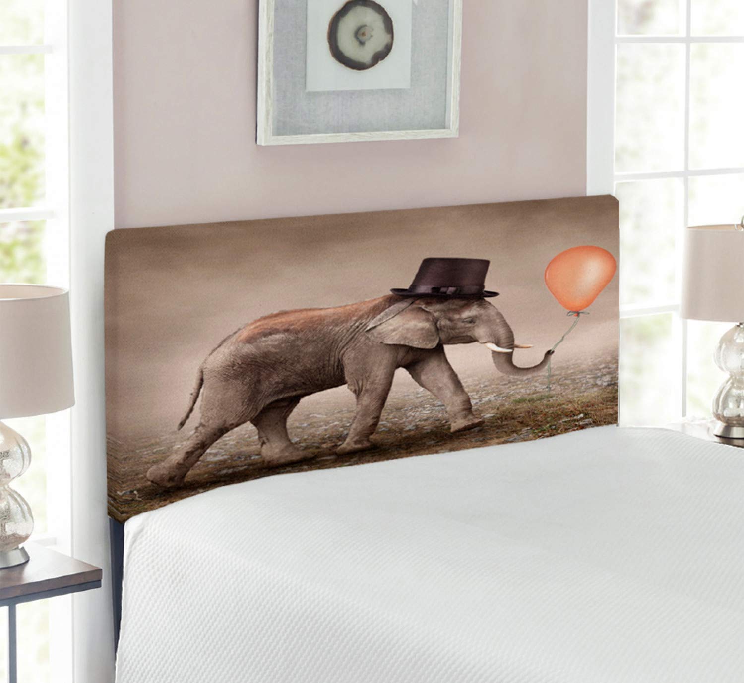 Ambesonne Elephant Headboard - Twin Size Upholstered Decorative Metal Bed Frame with Memory Foam | Surreal Animal Art in Orange, Black & Taupe | Perfect for Kids' Room, Nursery or Bohemian Bedroom Decor