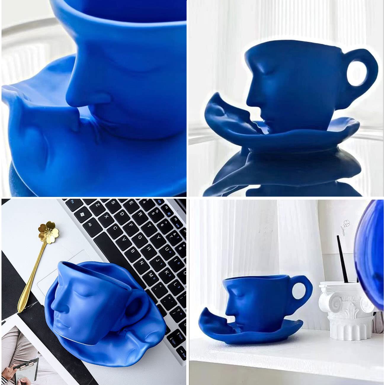 Premium Ceramic Coffee Mug Set - 6-Piece Cappuccino Latte Cup & Saucer for Espresso, Tea - Microwave & Dishwasher Safe Blue Porcelain Cups - Perfect for Home, Office & Cafe Use