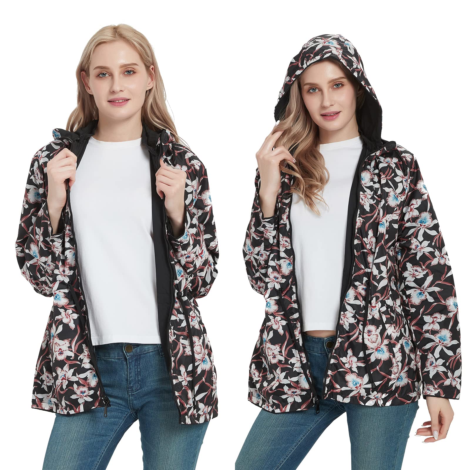 RISISSIDA Women's Reversible Floral Print Hooded Jacket - Lightweight Waterproof Spring/Fall Transition Coat for Casual Wear | Perfect for Outdoor Activities, Travel & Daily Fashion