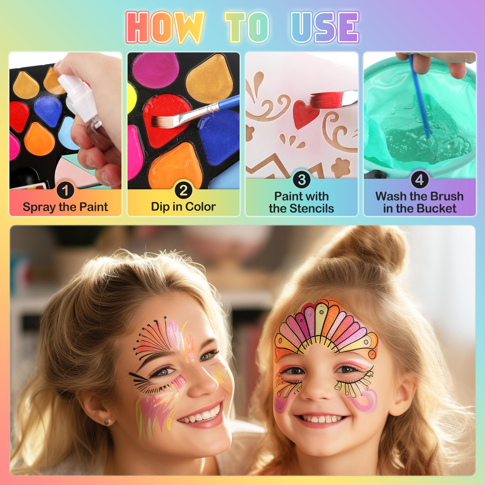 Dreamon Kids Face Paint Kit - 15 Colors, 6 Stickers & 3 Stencils for Halloween & Carnival Makeup