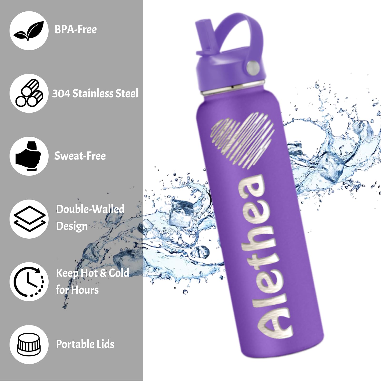 Personalized Stainless Steel Water Bottle with Straw Lid - Custom Name Engraved, Double Wall Insulated (12oz/18oz/24oz/32oz/40oz) - Perfect for School, Gym, Hiking & Outdoor Activities