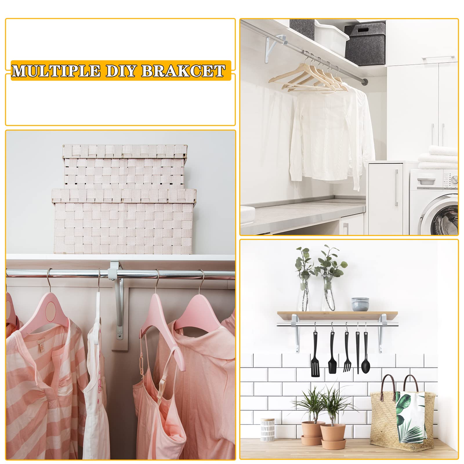 Heavy Duty Closet Rod Bracket Set - 2 Pack White Wall Mounted Shelf Bracket with Clothes Hanger Pole Support (10.9x10.2 Inch) for Wardrobe Organization & Closet Storage Solutions