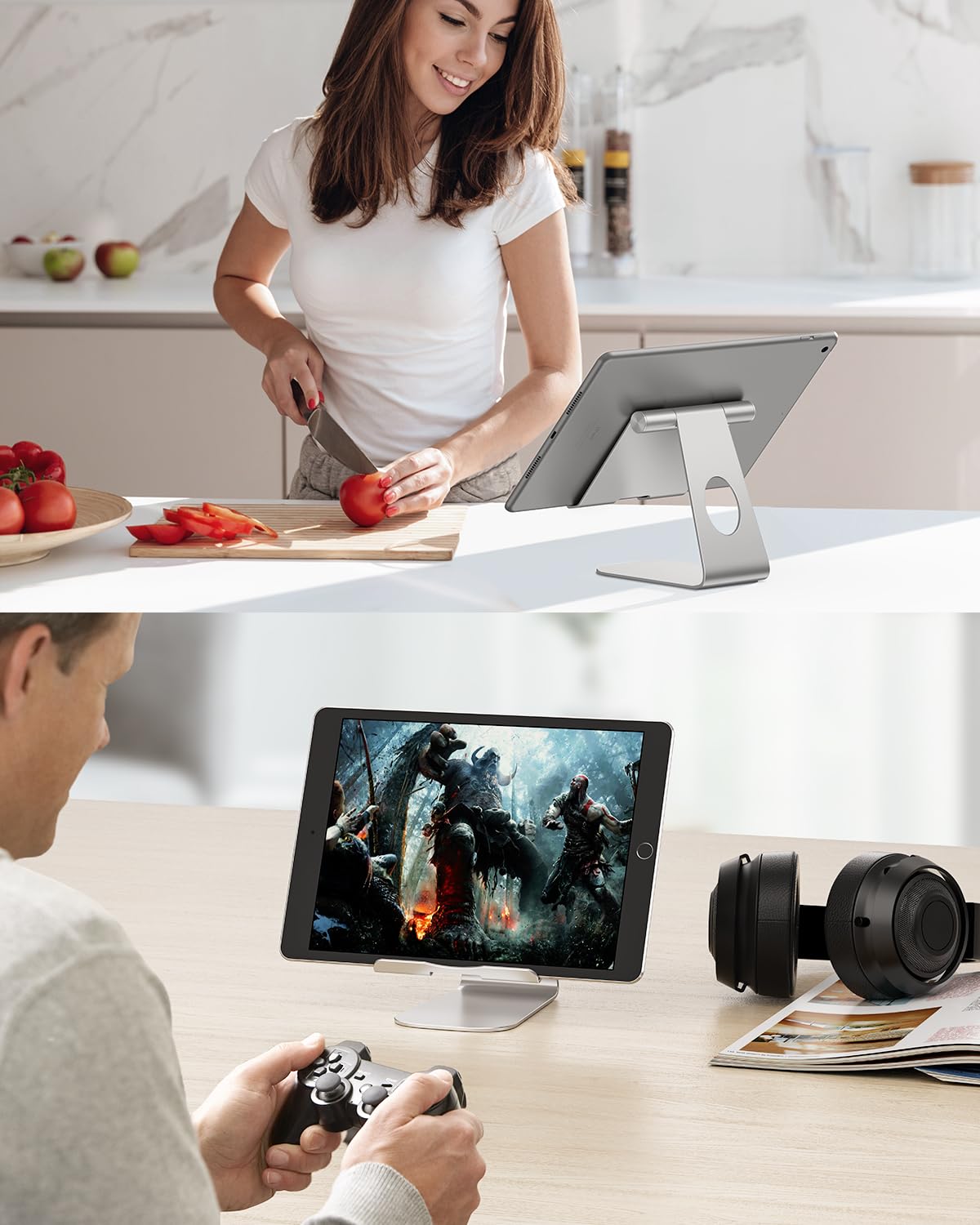 OMOTON Adjustable Aluminum Tablet Stand Holder - Universal Tablet Dock for iPad Air/Mini/Pro 11/12.9/13, Samsung Galaxy Tab & More (Up to 13 inch) - Silver | Perfect for Home Office, Bedside Viewing & Kitchen Recipe Reading