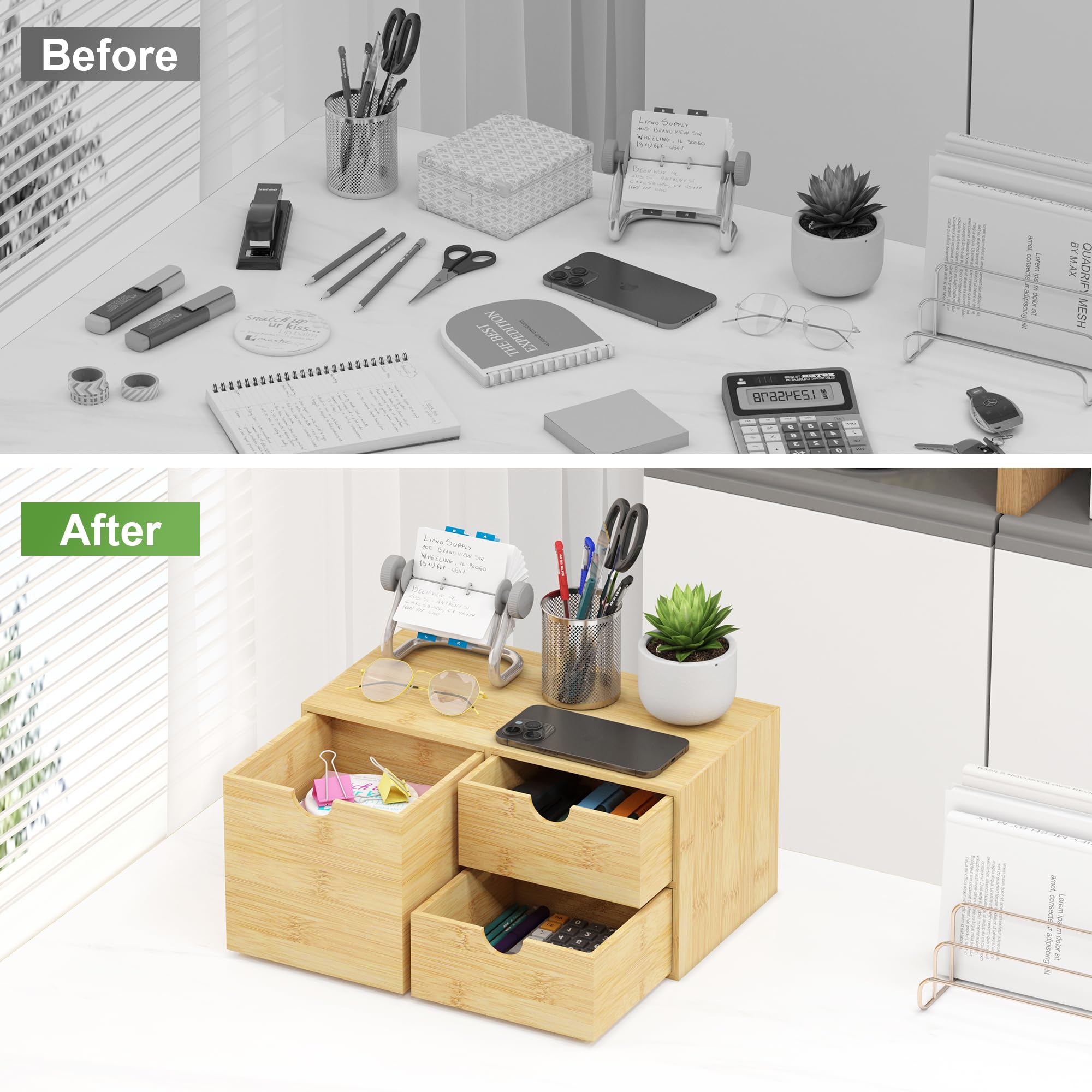 Bamboo Desk Organizer with Drawers - Small Desktop Storage Container for Home & Office - No Assembly Required - Perfect for Organizing Pens, Paper Clips, and Office Supplies on Countertops or Tabletops