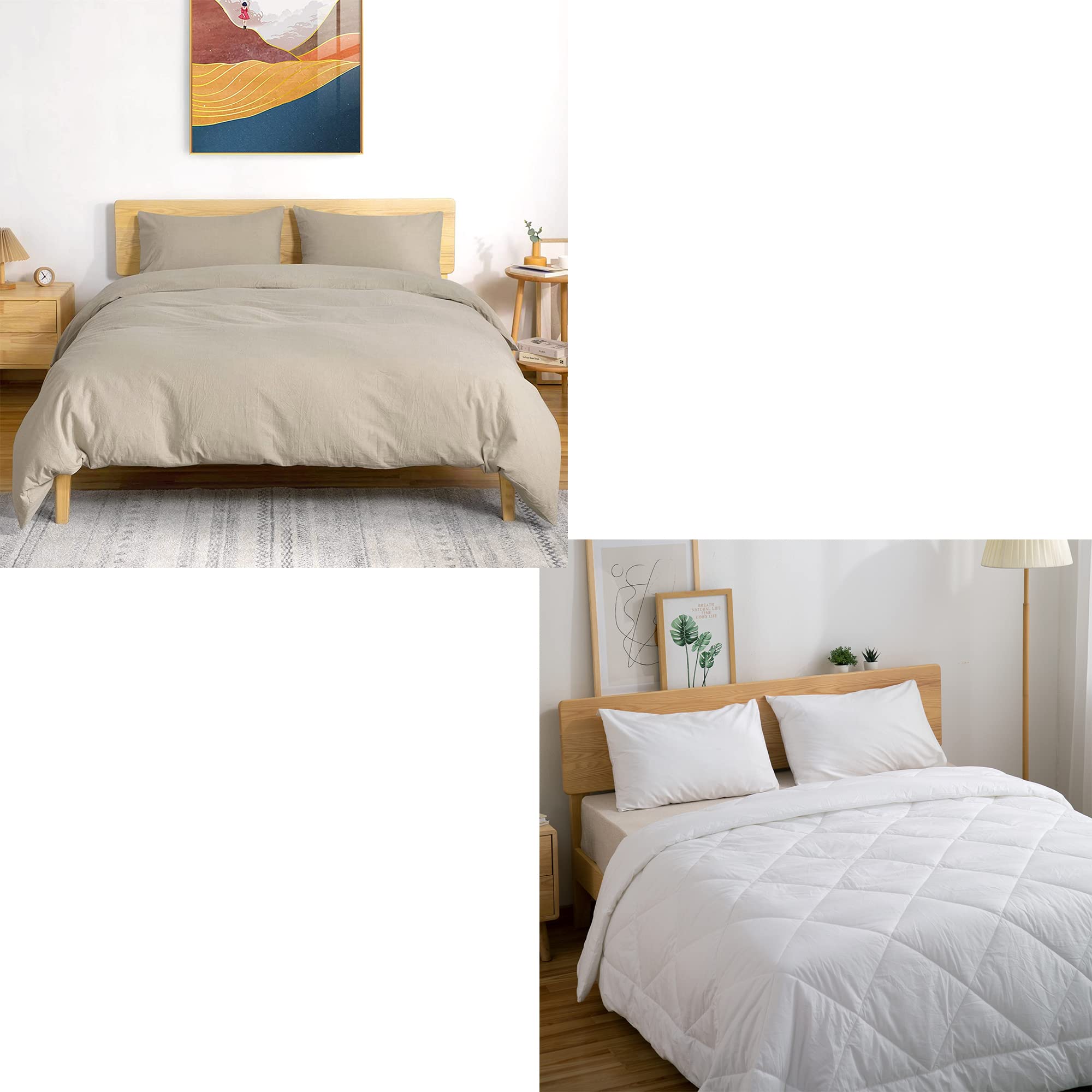 ATsense 6-Piece King Size Bedding Set - Washed Cotton Beige Duvet Cover & Microfiber White Comforter Set | Ultra Soft, Breathable All-Season Luxury Bed Sheets | Perfect for Master Bedroom, Guest Room & Hotel Stays