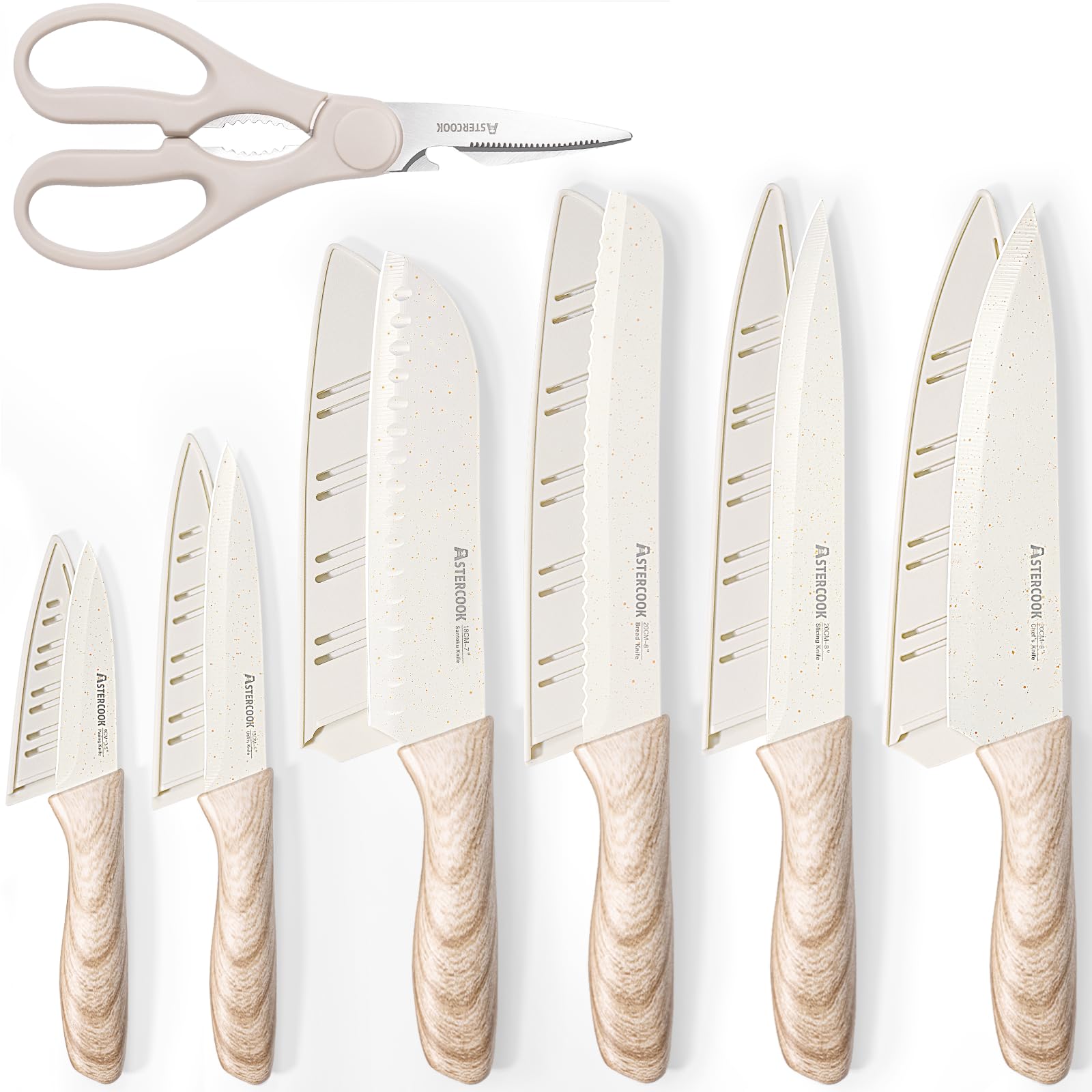Astercook 13-Piece Ceramic Coated Stainless Steel Kitchen Knife Set with 6 Blade Guards - Wooden Handle, Dishwasher Safe - Perfect for Home Chefs, Cooking Enthusiasts & Professional Kitchens