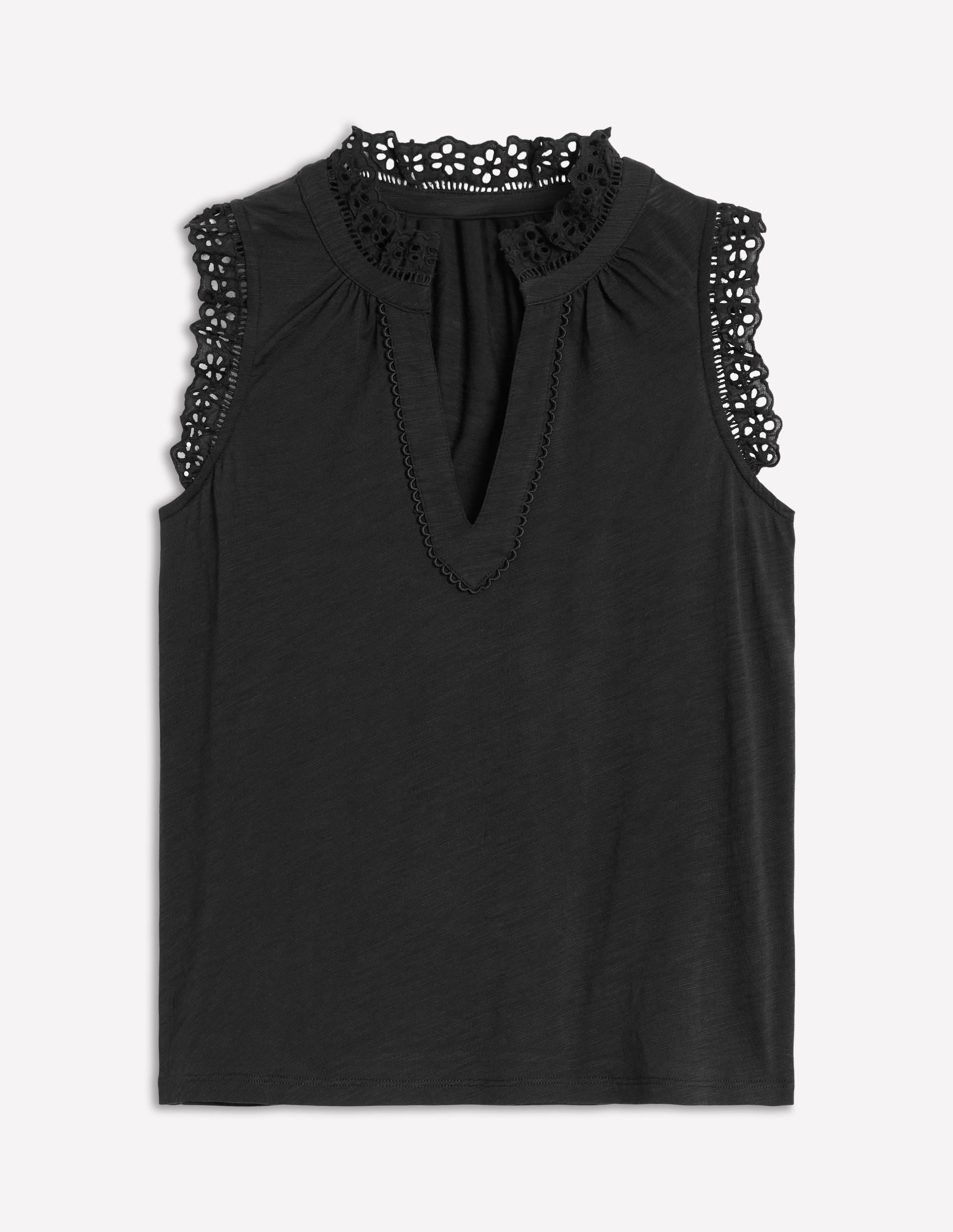 Aria Embroidered Trim Vest for Women - Black Lace Detail Sleeveless Top - Perfect for Layering, Parties & Casual Outfits