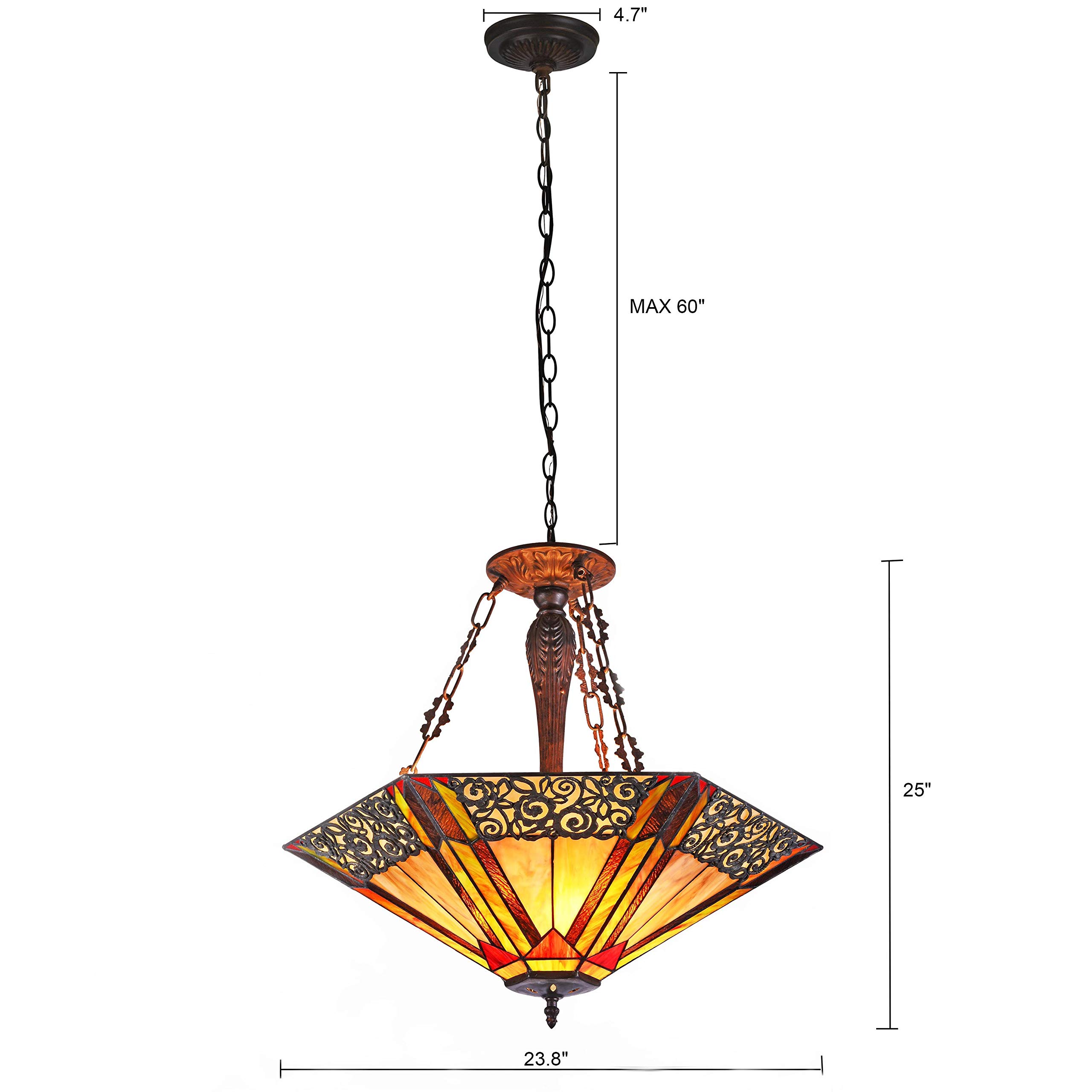 Tiffany-Style 3-Light Ceiling Pendant Lamp with 24-Inch Stained Glass Shade - Perfect for Dining Room, Kitchen Island, and Bedroom Lighting