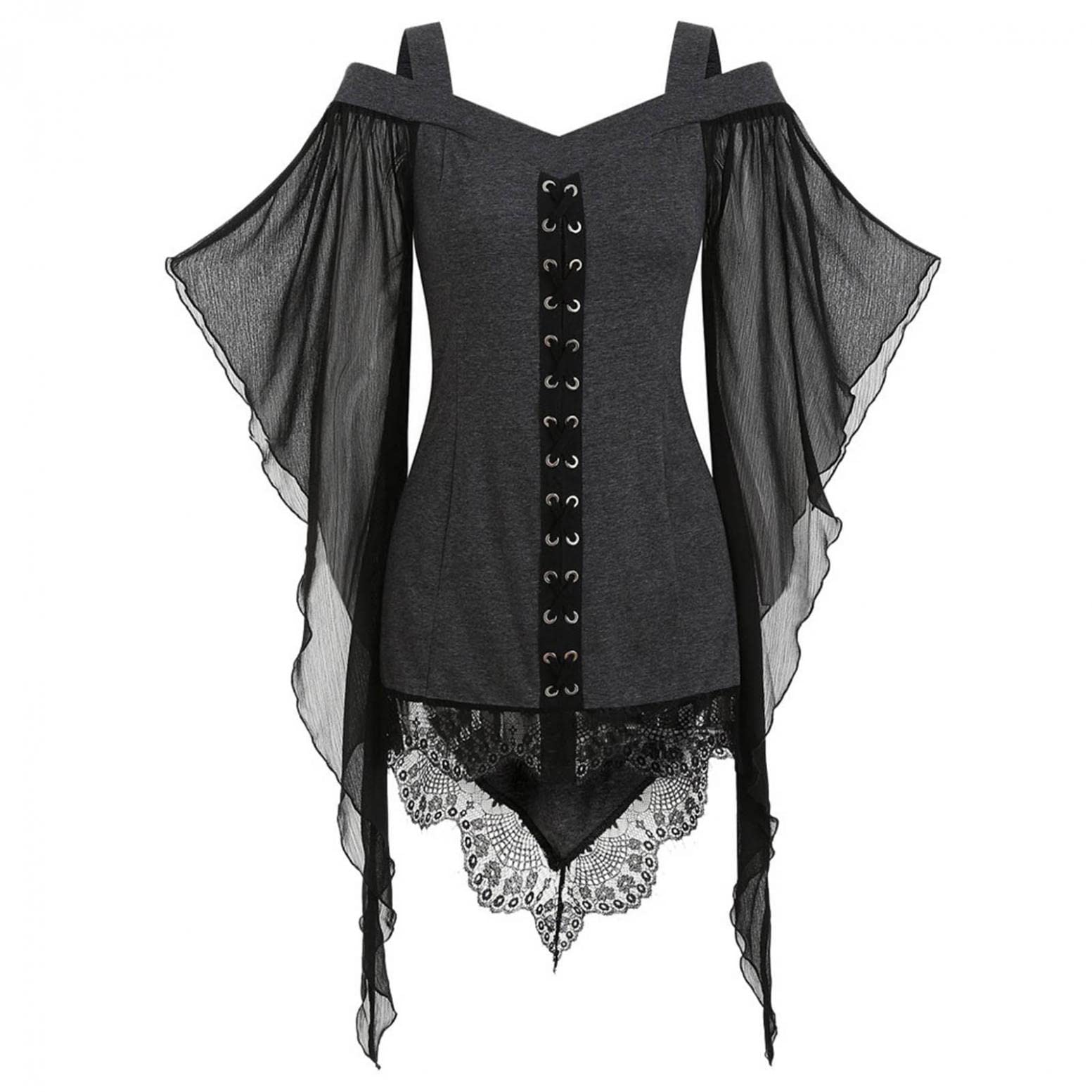 Gothic Women's Tops - Sexy Mesh Sheer Butterfly Sleeve Blouse with Corset Lace Detail | Renaissance Steampunk Gothic Clothing for Parties, Cosplay & Dark Fashion