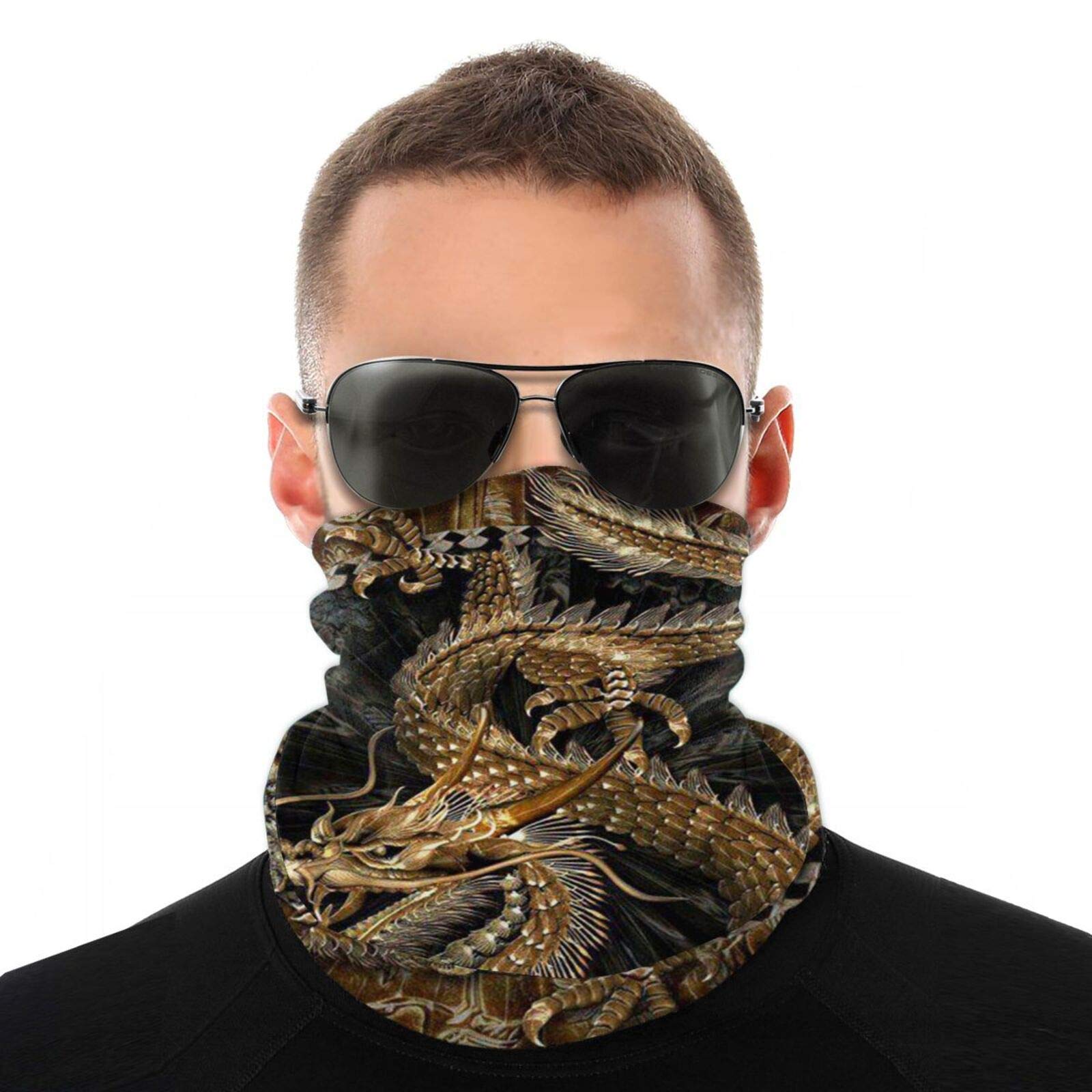 Washable Eastern Dragon Face Mask - Black & Gold Neck Gaiter for Outdoor Sports