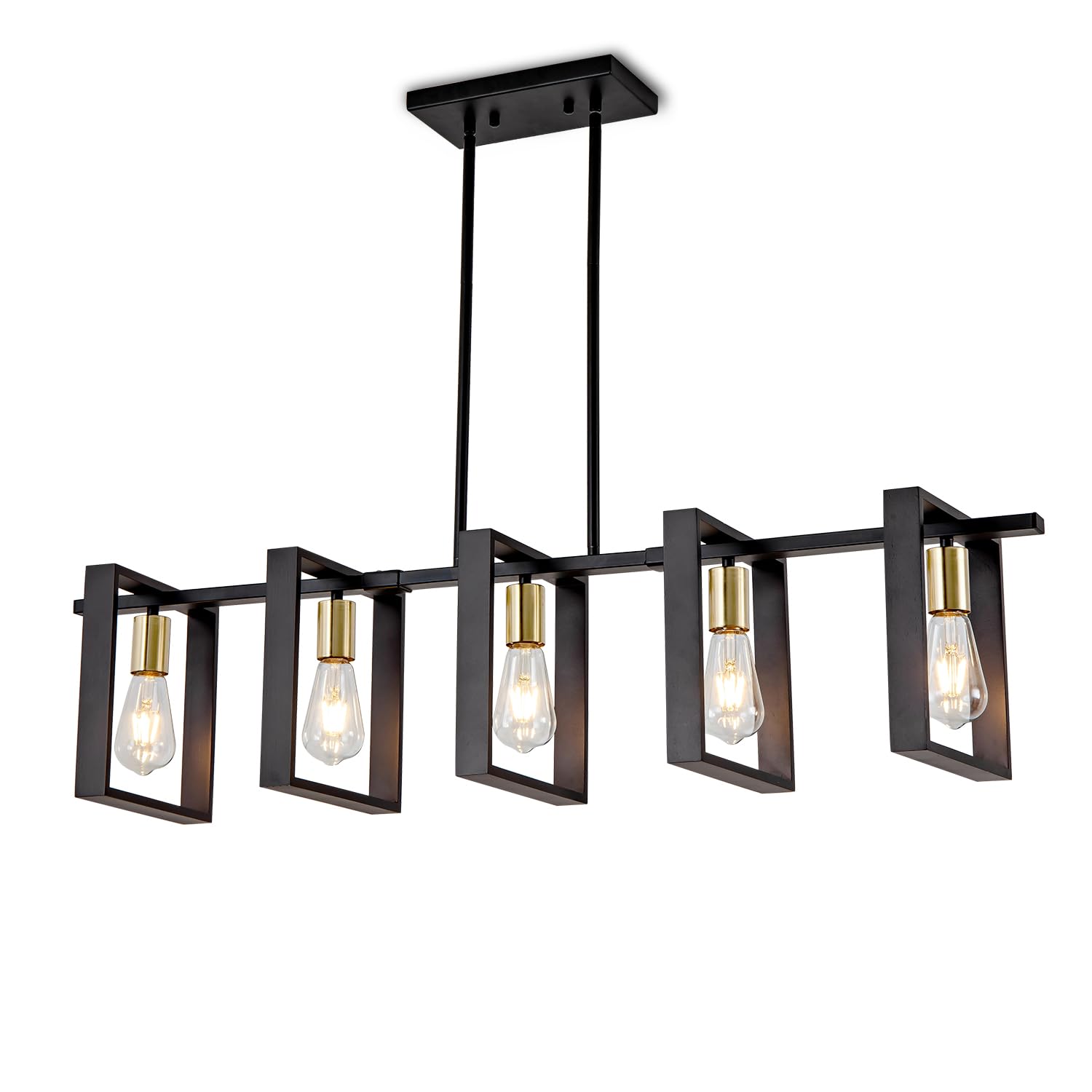 Rustic Farmhouse Wood Chandelier - 5-Light Black Kitchen Island Pendant Lighting, Adjustable Height 41.3