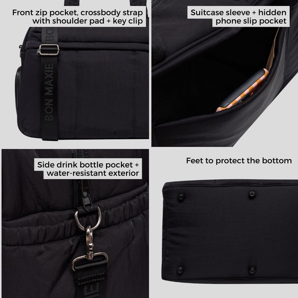 Large Weekender Nylon Duffel Bag for Travel & Gym - Waterproof Carry-On Duffel with Multiple Pockets - Perfect for Weekend Getaways, Workouts & Overnight Trips (Black)