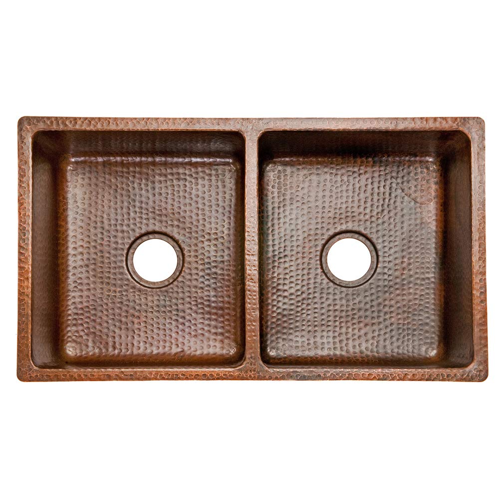Premier Copper Products KSP3_K50DB33199 33-Inch Basin Split Copper Kitchen Sink with Drain - Rust-Resistant, Durable & Stylish for Modern Farmhouse & Rustic Kitchens