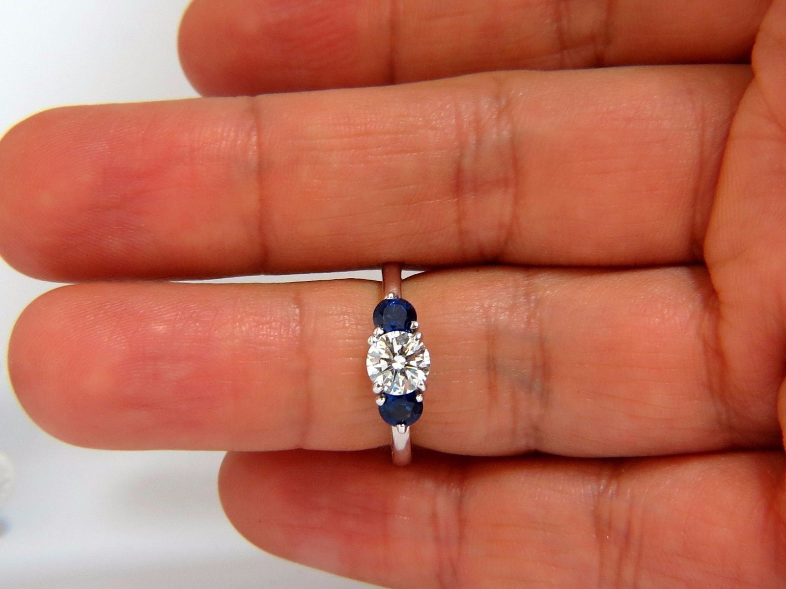 1.57CT Natural Diamonds & Sapphire Three Stone Ring in 14KT Royal Blue - Elegant Engagement, Wedding, or Anniversary Jewelry Gift for Her