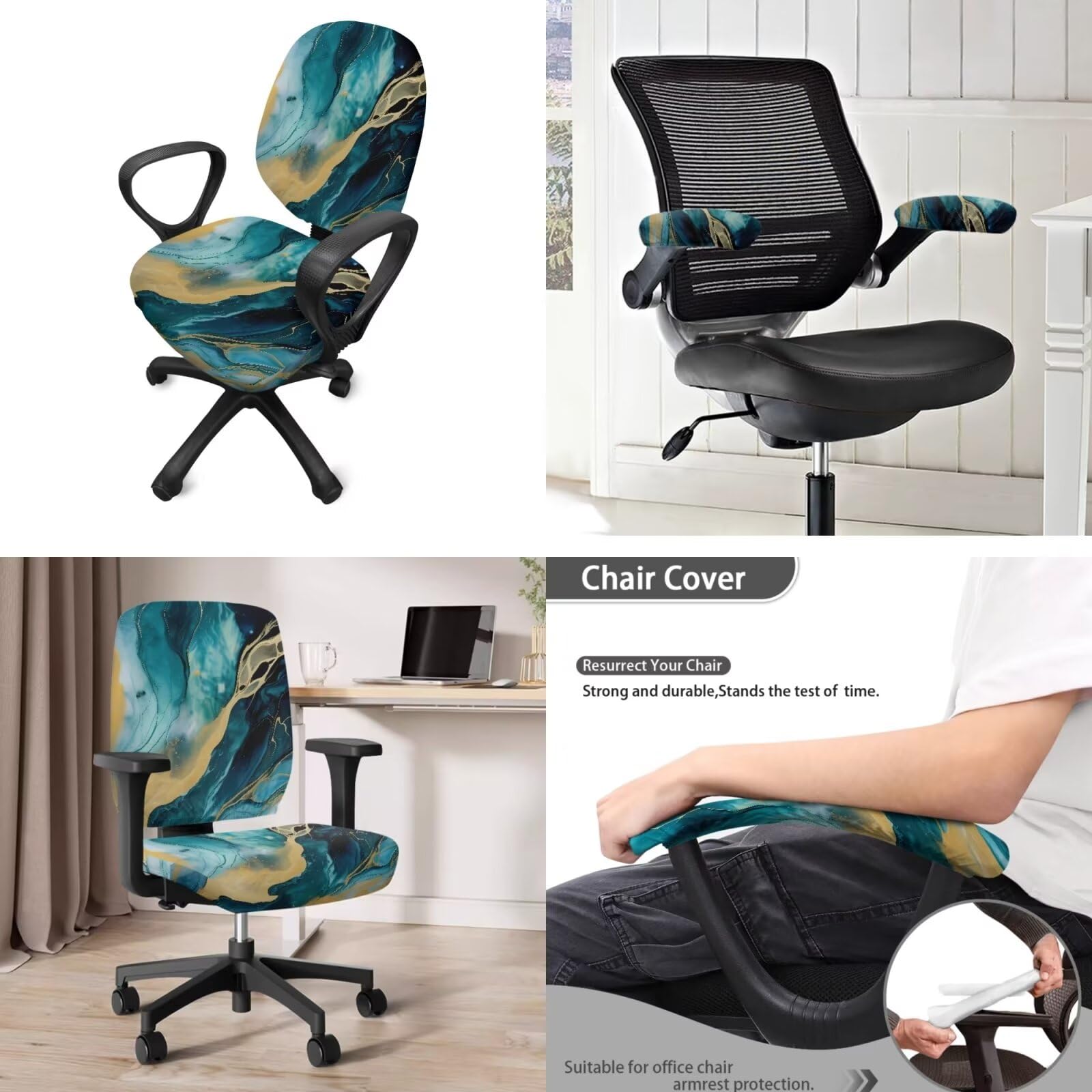 Marble Chair Seat Covers Set - 4-Piece Stretchable Universal Desk & Office Chair Slipcovers with Armrest Covers - Perfect for Home Office, Gaming Chairs, and Computer Workstations