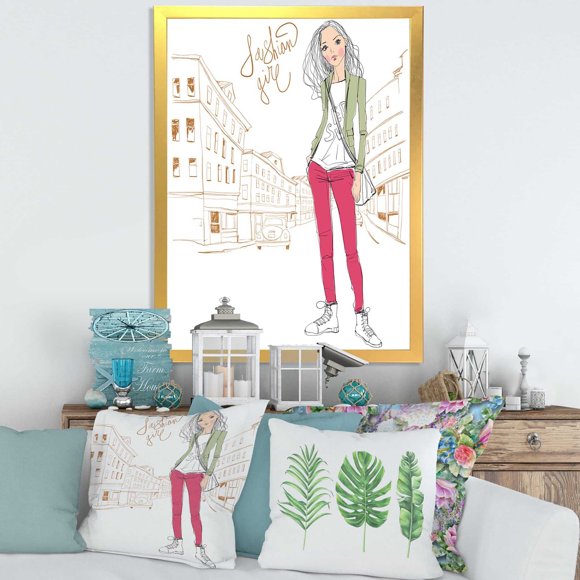 DesignQ Trendy Fashion Girl II Children's Art Framed Wall Decor - Perfect for Kids' Bedroom, Nursery & Playroom Decor