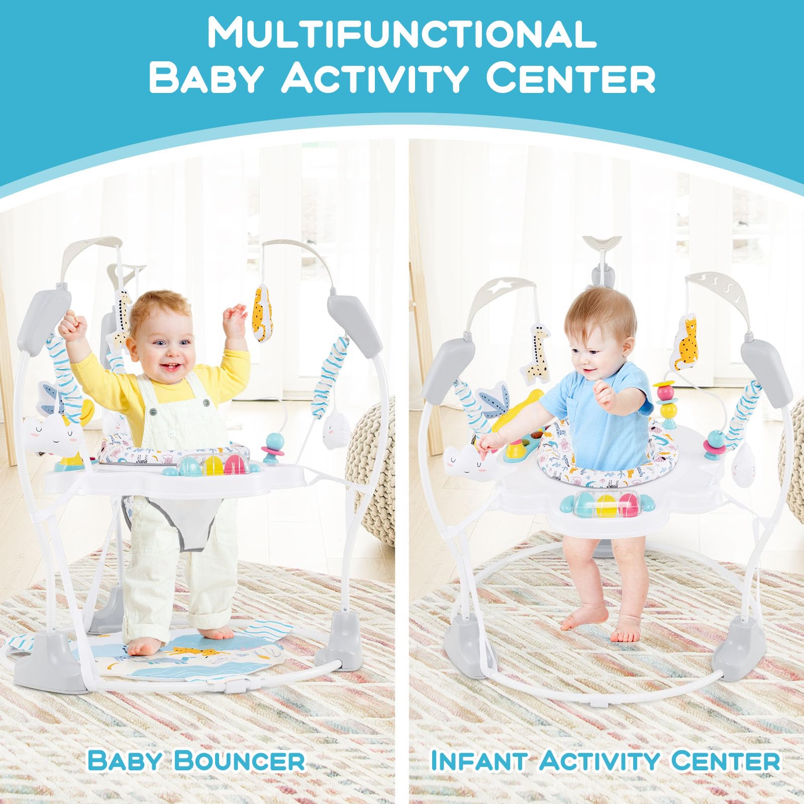 INFANS 3-in-1 Baby Activity Center - Interactive Play Gym with Music, Lights & 360° Rotating Seat | Adjustable Height Jumpers & Bouncers for Infants 6-12 Months | Learning Toys for Crawling & Early Development (Blue) - Perfect for Playtime, Sensory Stimulation & Motor Skills Growth