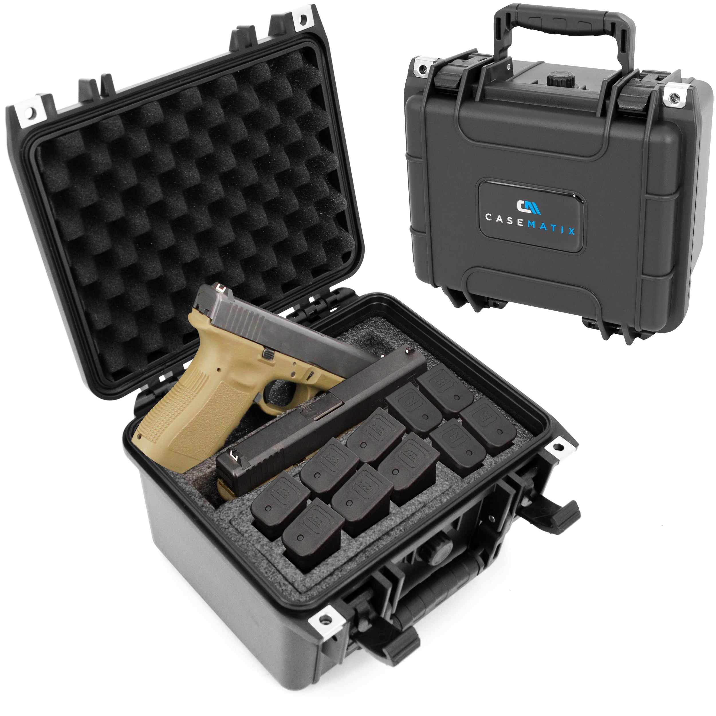 CASEMATIX Waterproof Hard Gun Case for 2 Handguns & 10 Magazines - Durable Pistol Storage with Removable Accessory Compartment | Perfect for Range Shooting, Hunting & Firearm Transport