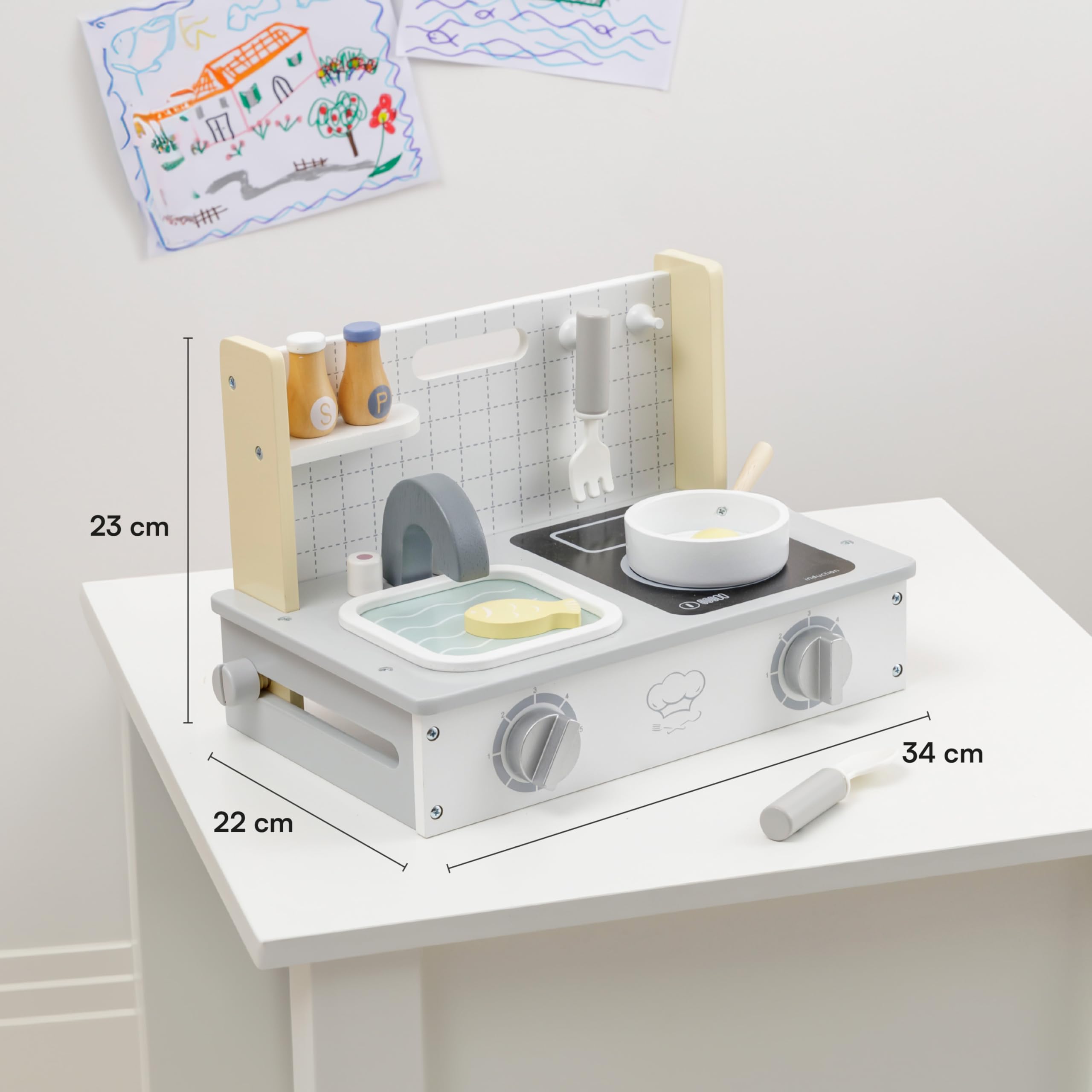 Baroni Toys Montessori Wooden Portable Kitchen Playset for Kids Ages 3-7 - Educational Pretend Play Toy with Sink & Accessories - 34 x 22 x 23 cm - Perfect for Home, Preschool & Daycare Role Playing Activities