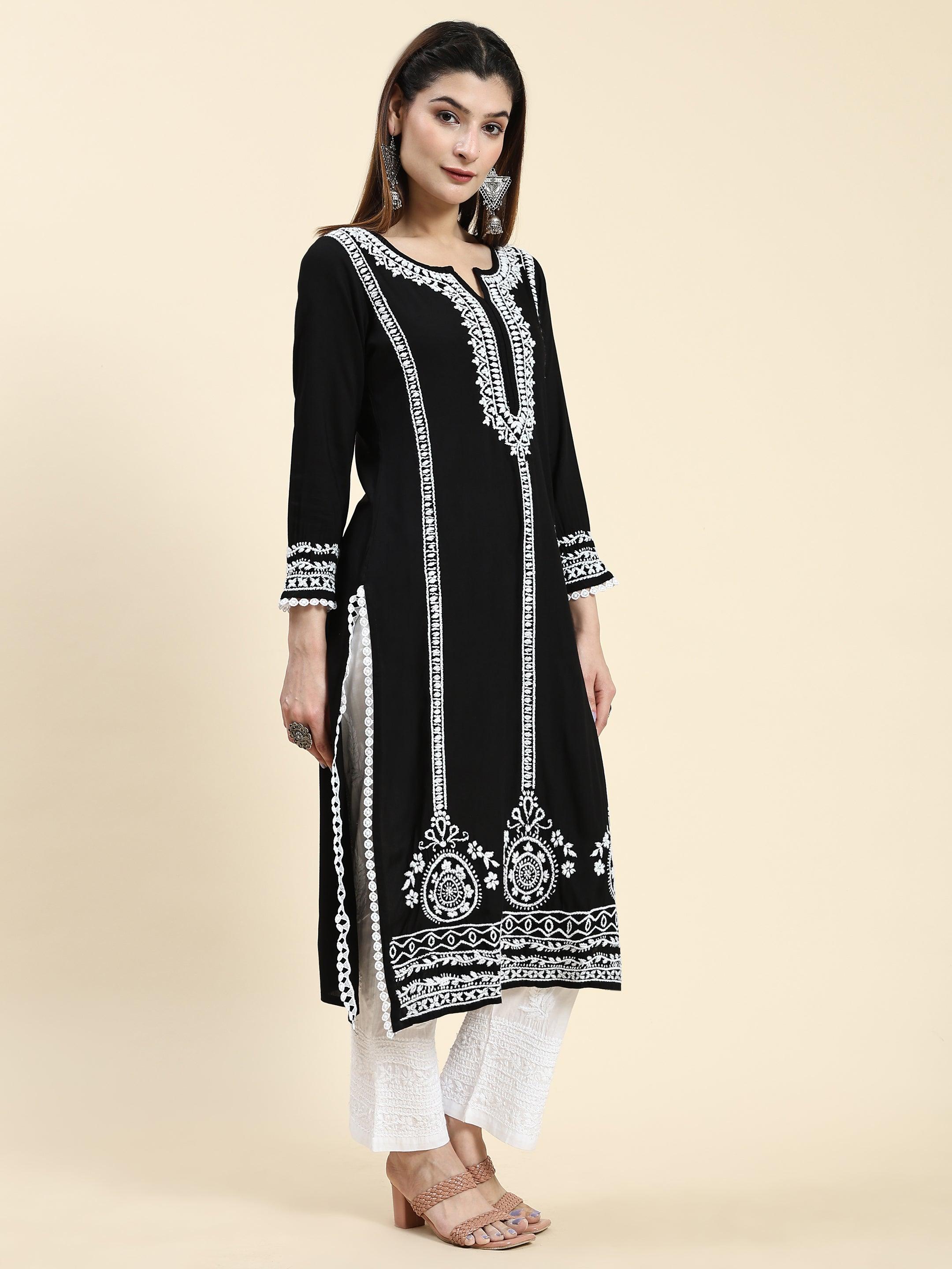 Sharmin Women's Chikankari Long Kurta - Black & White Rayon Cotton Blend - Perfect for Festivals, Parties & Casual Wear