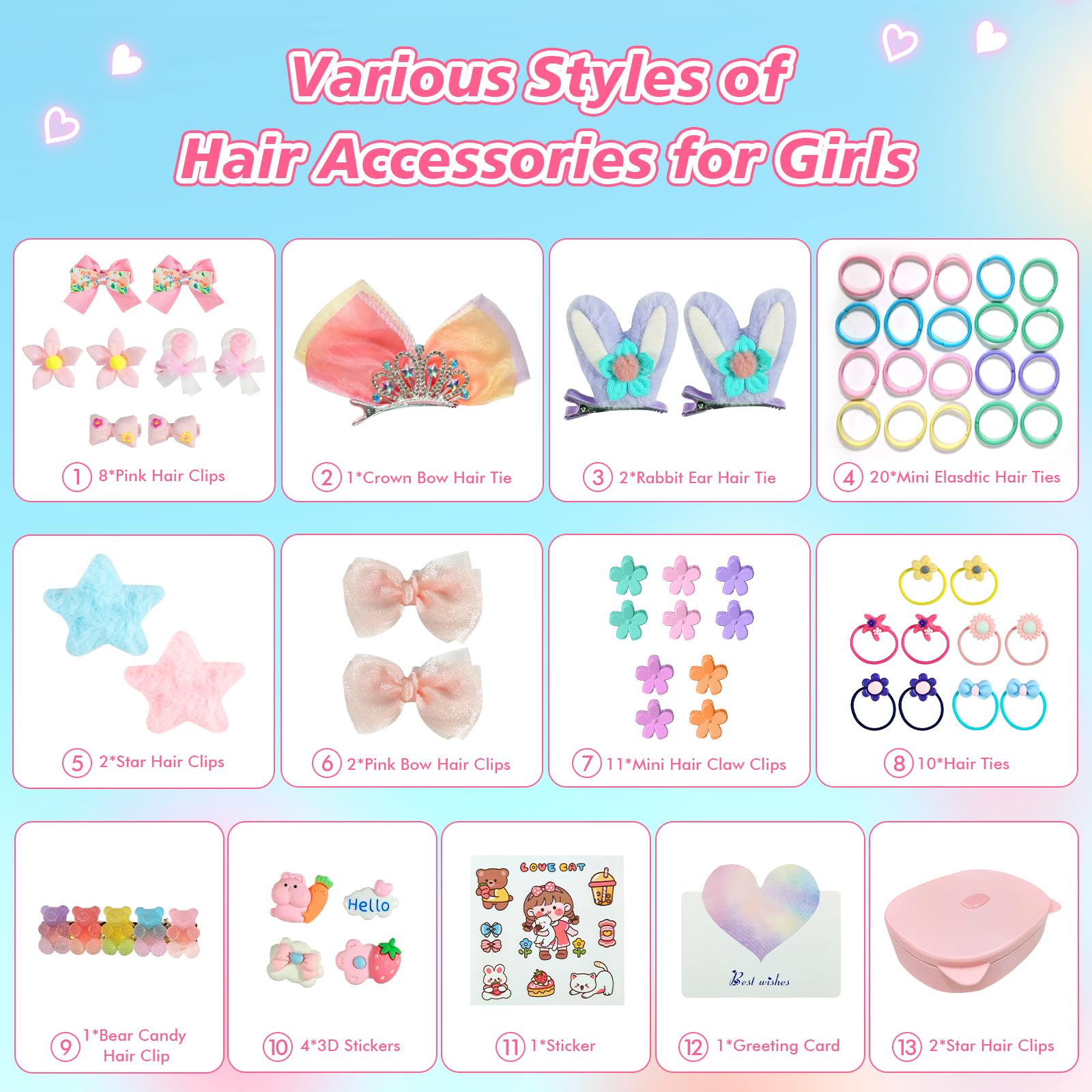 56PCS Girls Hair Clips Set - Cute Bunny Ear Barrettes, Bows & Hair Accessories for Toddlers Ages 3-8 | Perfect for School, Parties & Daily Styling