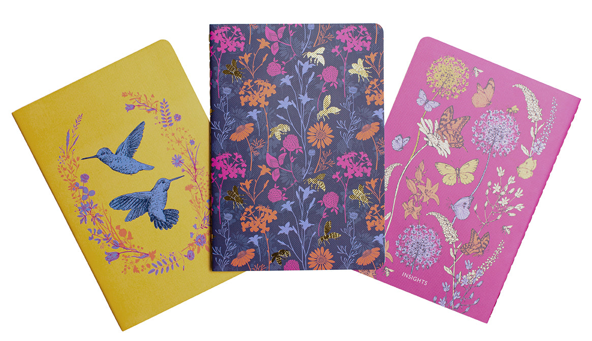 Pollinators Sewn Notebook Set of 3 - Floral Journal for Writing, Sketching & Note Taking - Perfect for Gardeners, Nature Lovers & Students