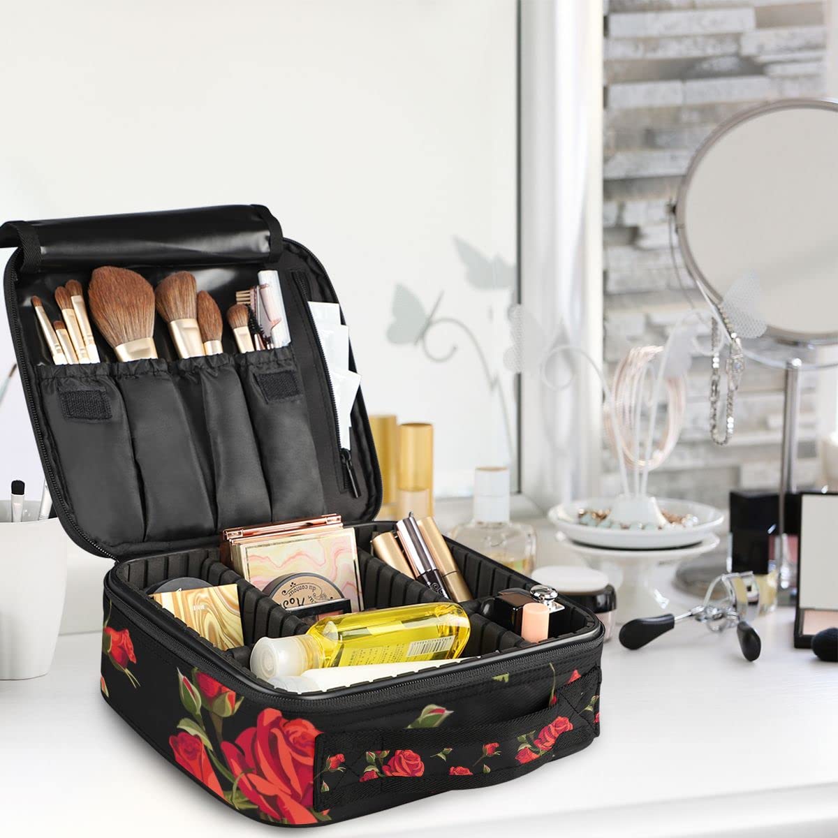 GAIREG Women's Makeup Bag - Abstract Fiery Dragon Cosmetic Travel Organizer with Floral Red Roses on Black | Waterproof Toiletry Case for Travel, Gym, Work & Daily Use