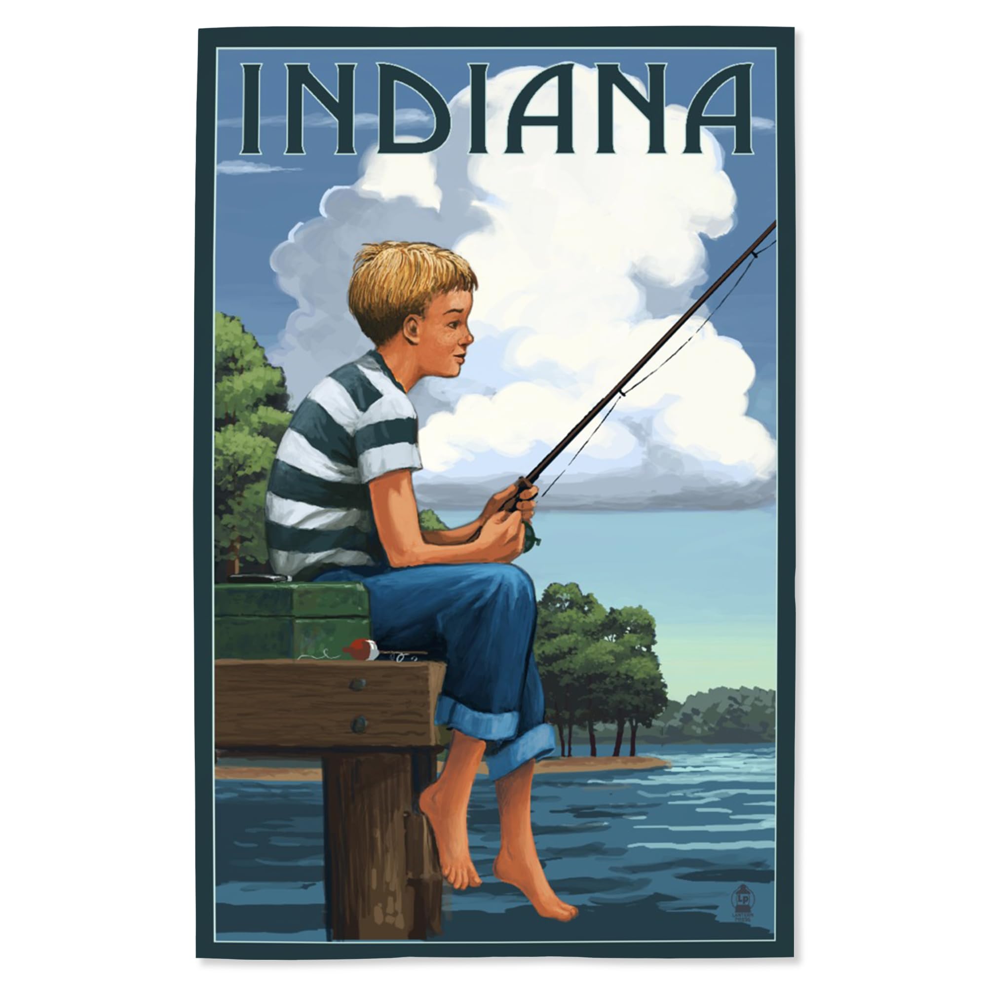 Lantern Press 16x24 Inch Giclee Art Print - Indiana Landscape with Boy Fishing - Wall Decor for Living Room, Bedroom & Office