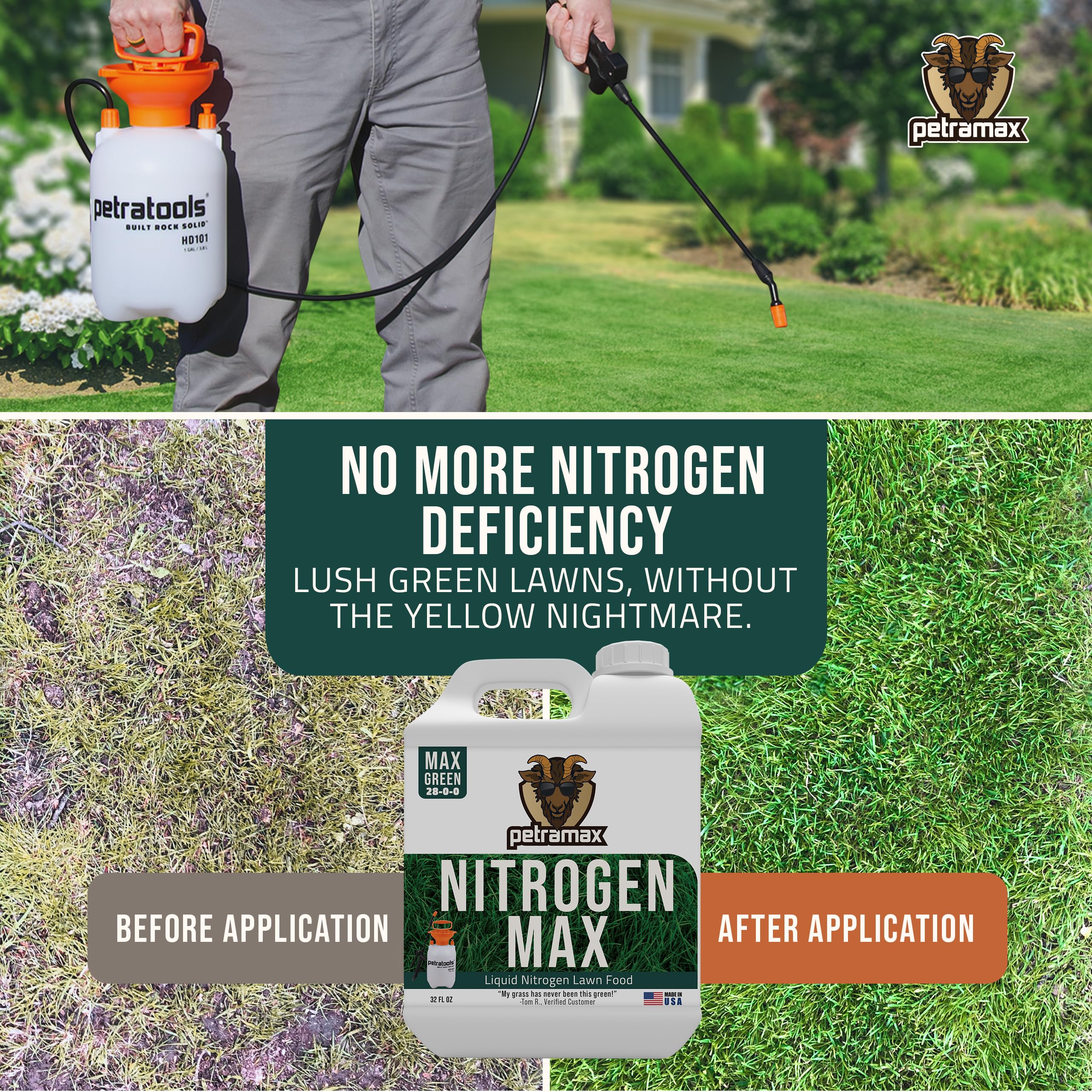 Petramax 28-0-0 NPK Liquid Nitrogen Fertilizer - 32oz Lawn Food for Spring & Summer, Easy Spray Application for Deep Green Grass - Slow Release High Nitrogen Turf Builder - Perfect for Home Lawns, Golf Courses & Sports Fields