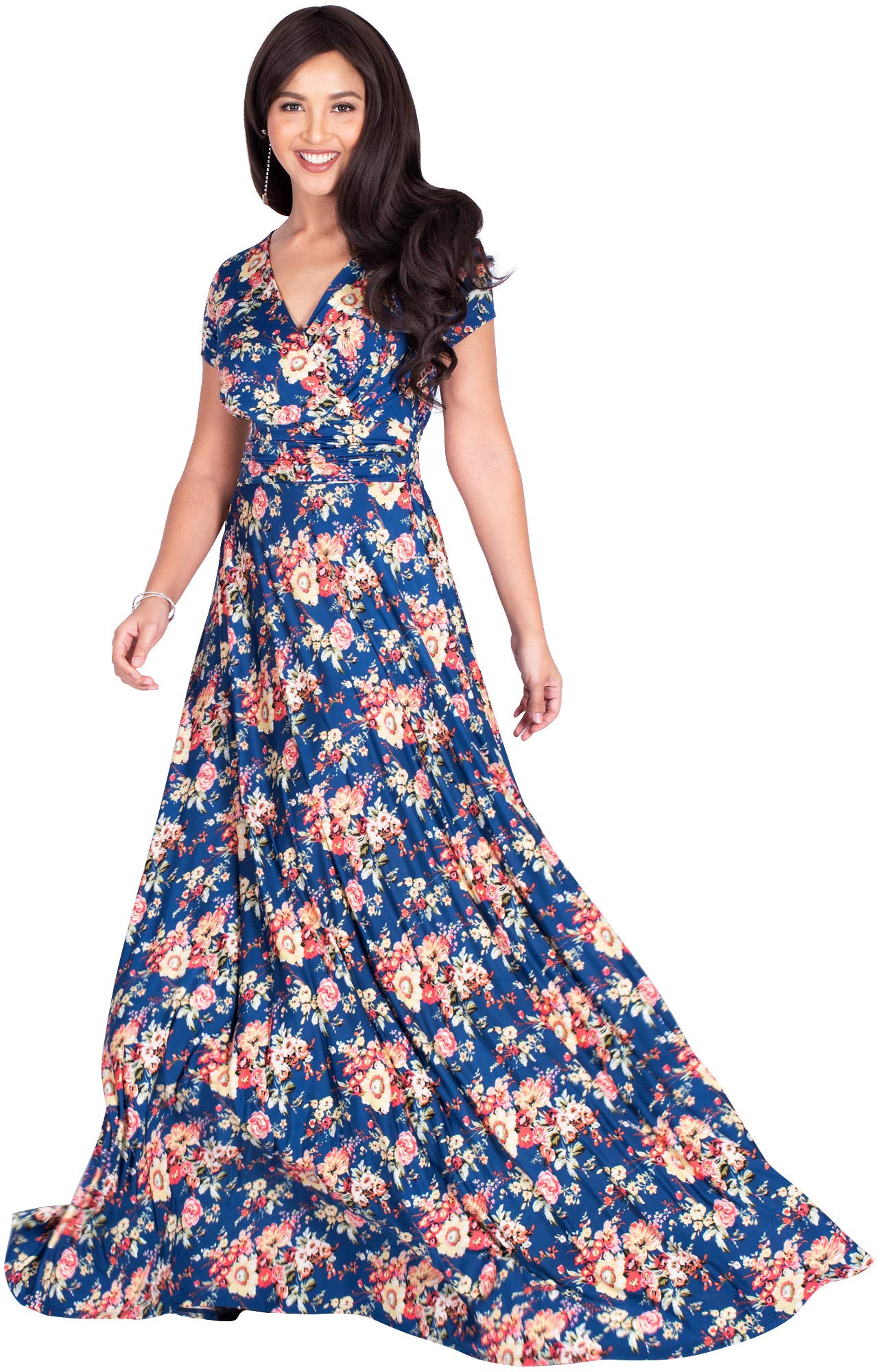 KOH KOH Women's Long Floral Print Maxi Dress - Summer Short Sleeve Flowy Modest Gown for Beach, Vacation & Casual Wear
