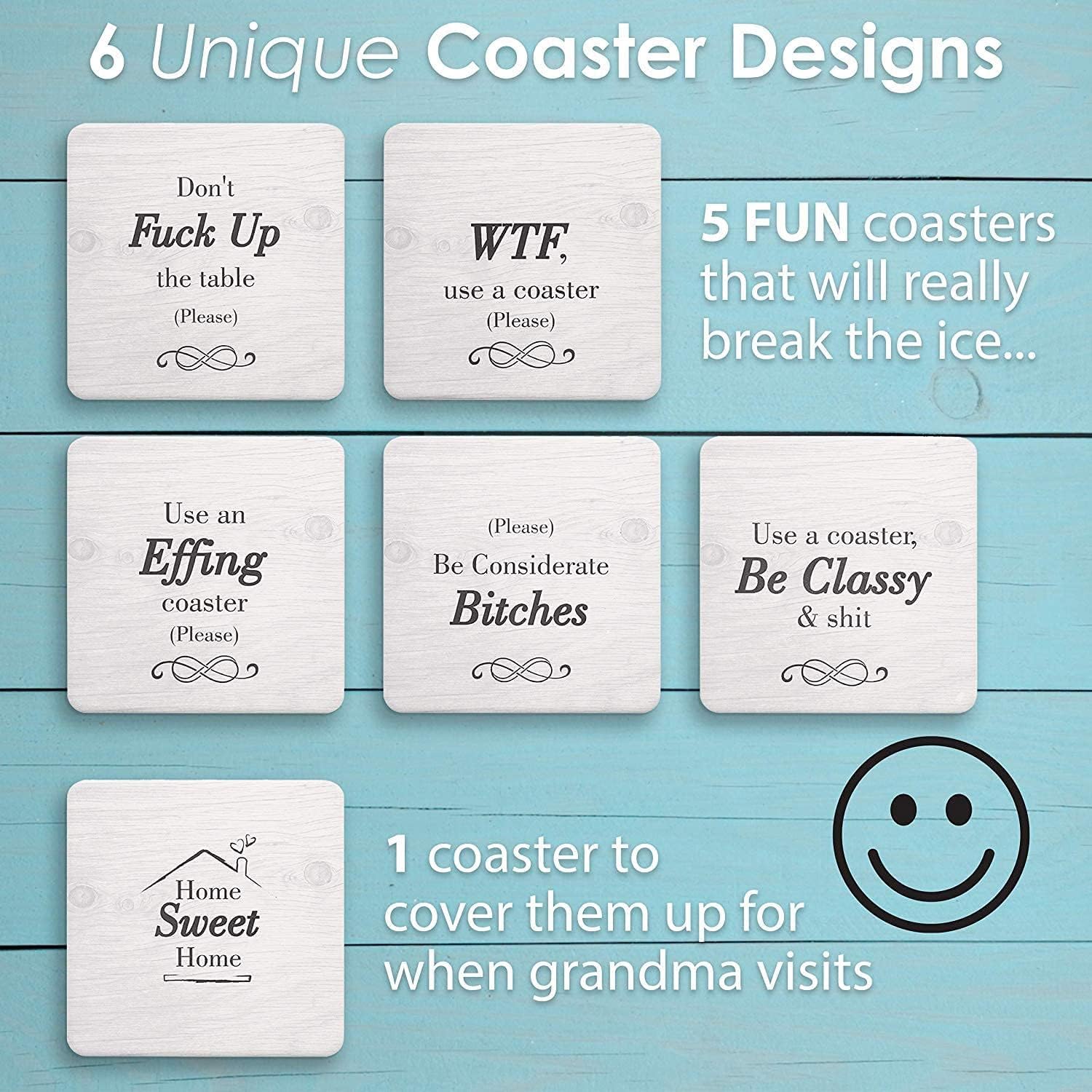 Funny White Elephant Gifts for Adults - Secret Santa Coasters Set with Holder - Christmas Stocking Stuffers for Men & Women - Gag Gifts for Couples, Birthday & Housewarming - Cool Friend Presents for Her & Him - Perfect for Office Parties, Holiday Gatherings & Gift Exchanges