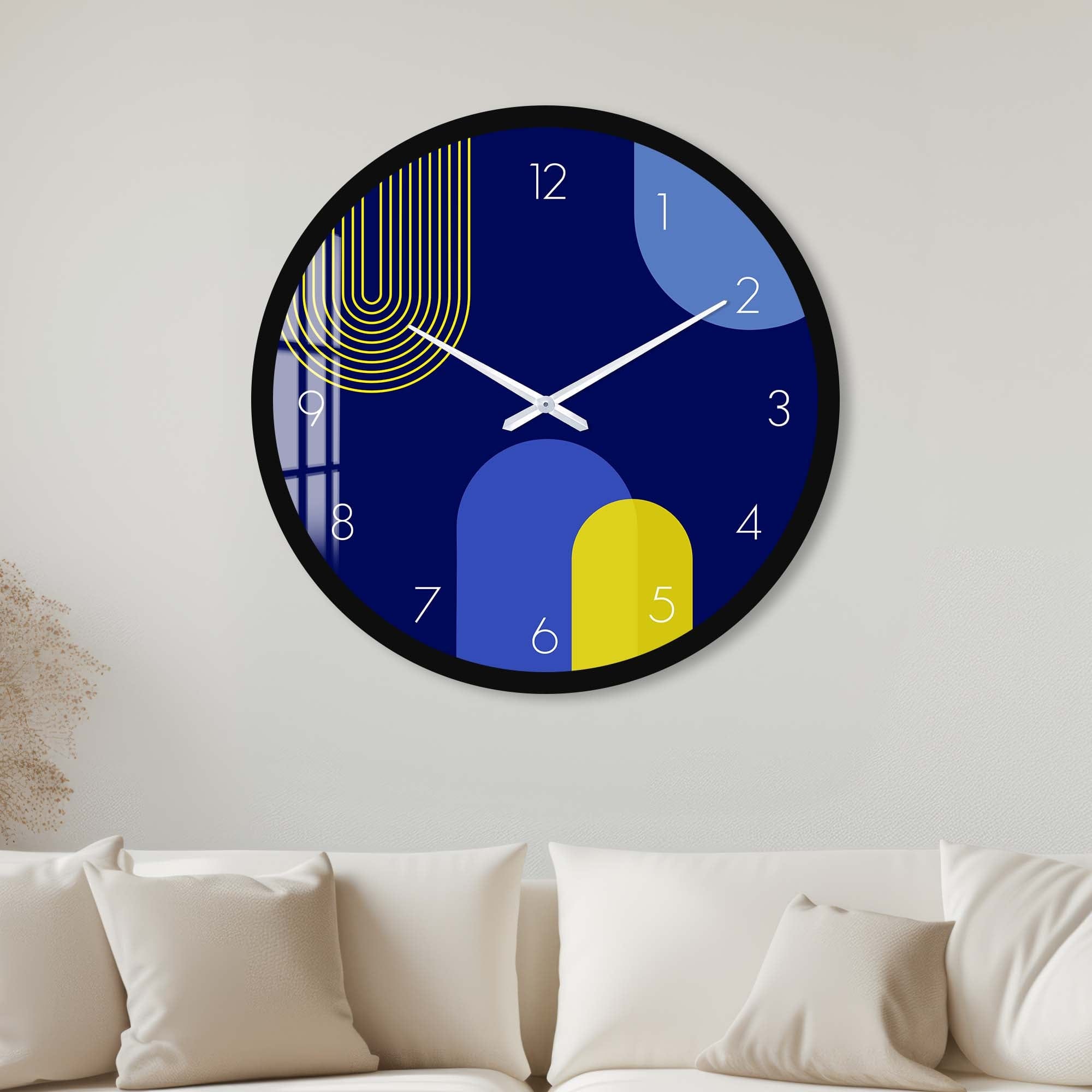Stylish Puffy Blue & Yellow Glass Wall Clock - Modern Home & Office Decor for Living Room, Bedroom, Kitchen