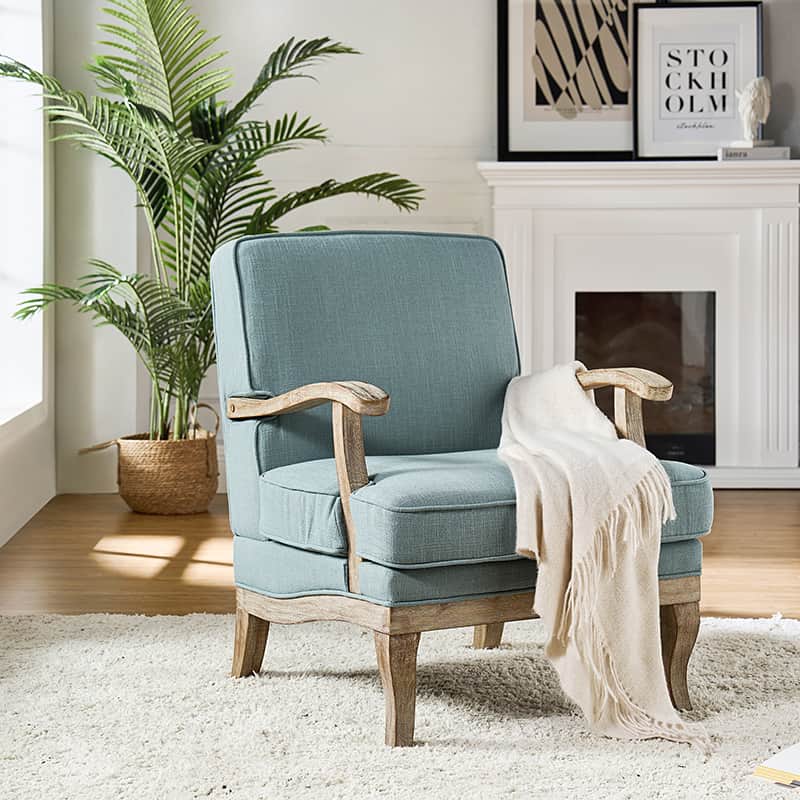 Randolph Farmhouse Upholstered Accent Chair with Wooden Legs - Comfortable Living Room Armchair for Home Decor, Reading Nook & Cozy Sitting Area (Multiple Style Options Available)