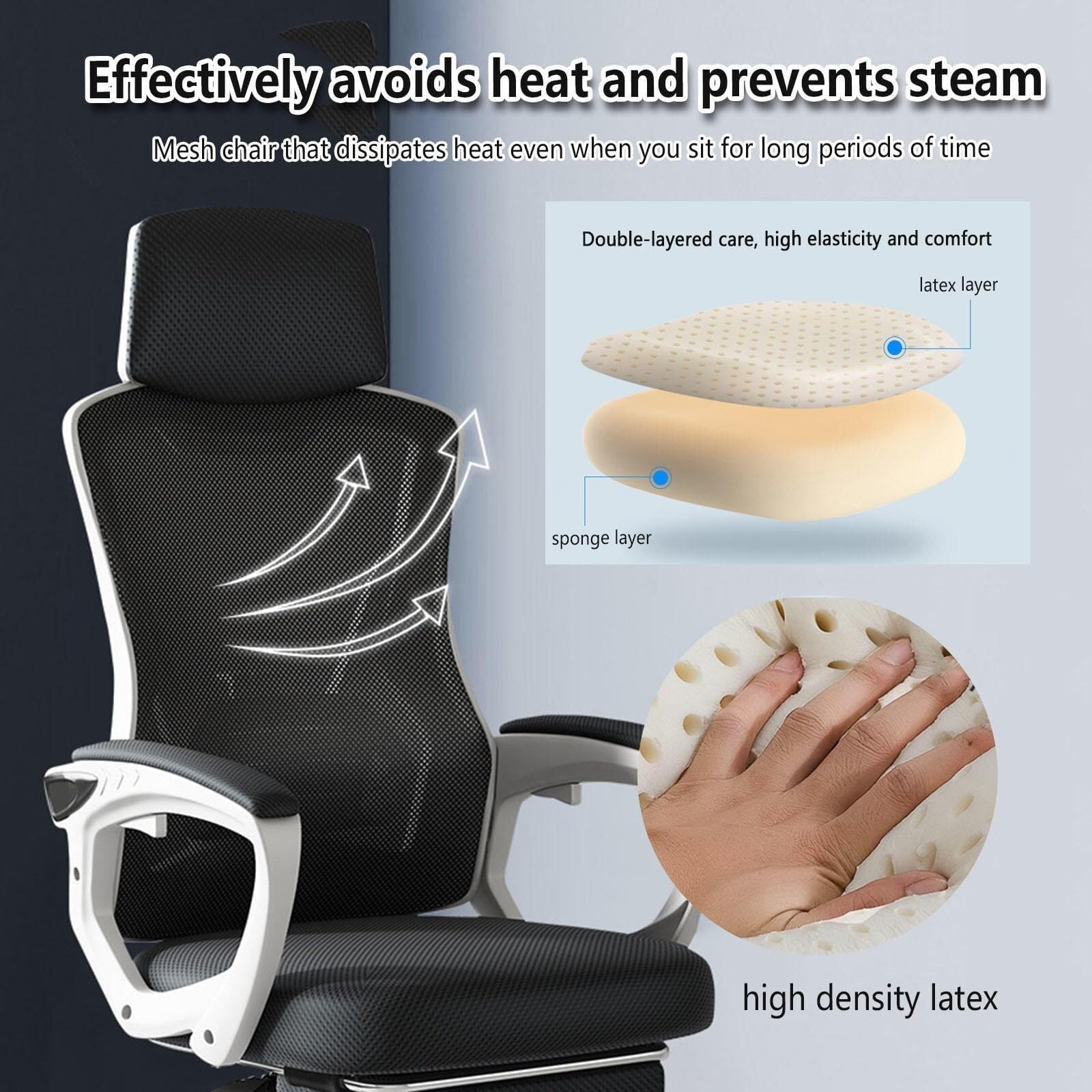 Ergonomic Office Chair with Adjustable Lumbar Support & Retractable Footrest - Comfortable Computer Desk Chair for Home Office, Study, Gaming - White & Black (Black) - Perfect for Long Work Hours & Online Classes